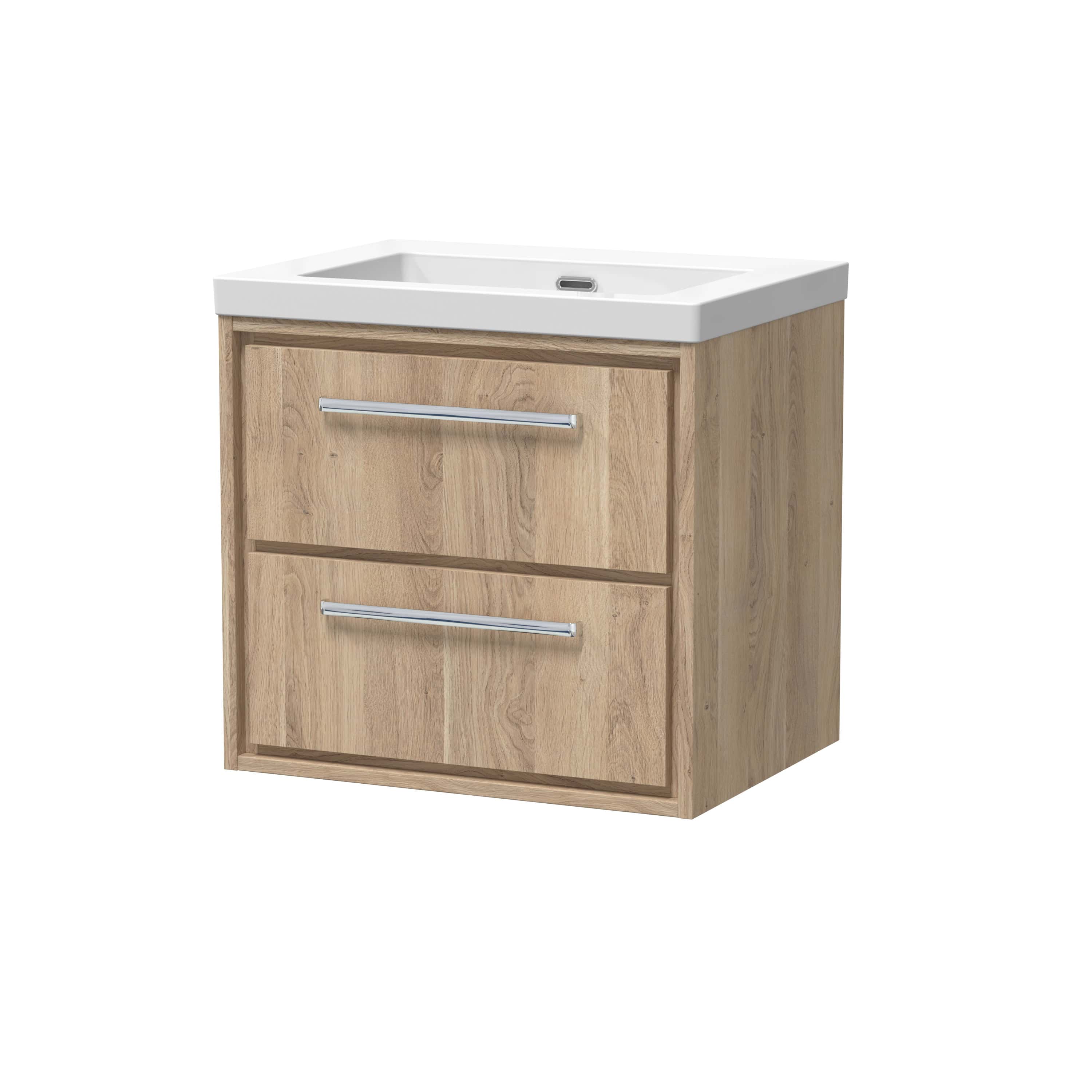 Lightwood bathroom vanity with integrated white sink and chrome handles, ideal for modern bathroom furniture and storage solutions. Perfect for contemporary bathroom design.