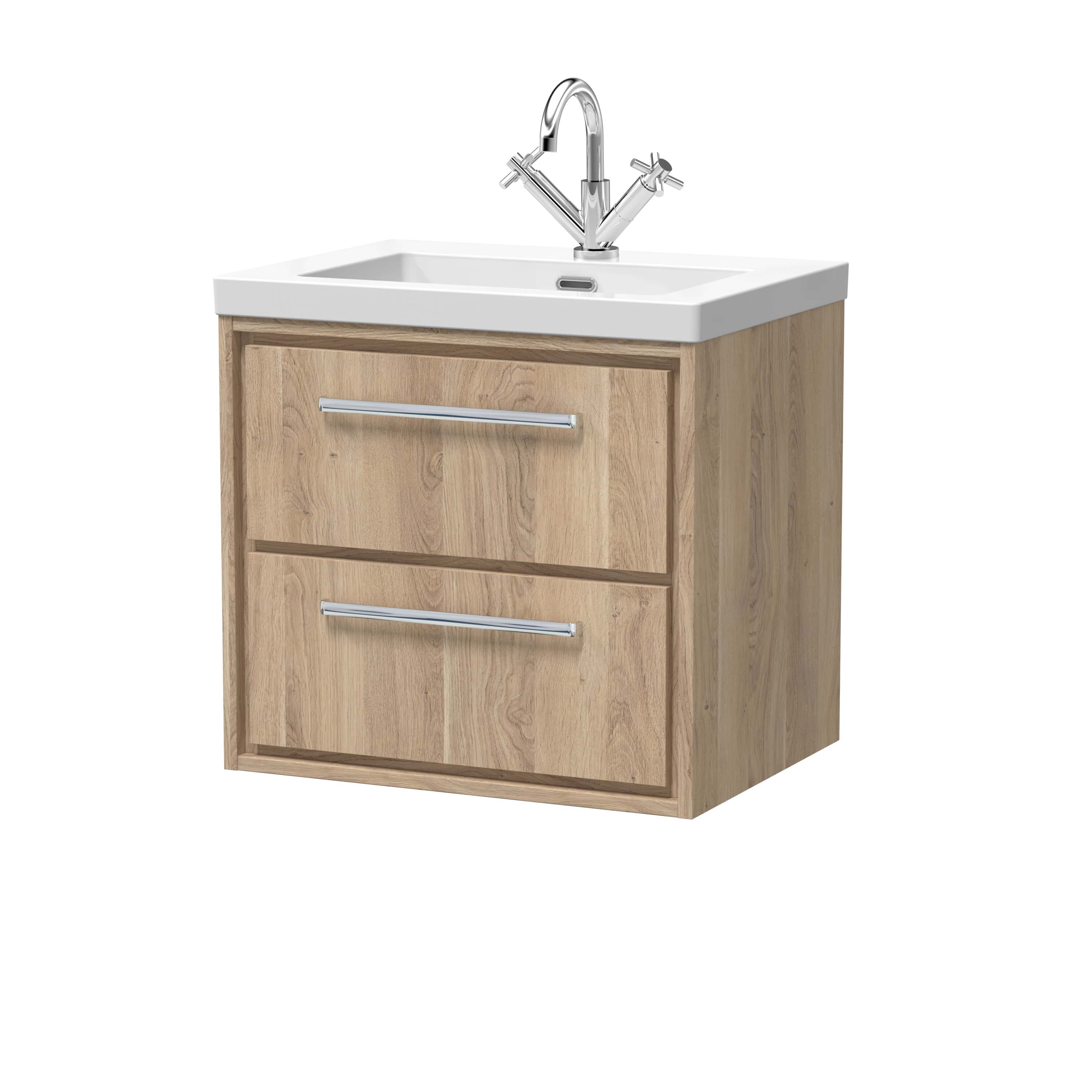 Modern bathroom vanity unit with a white ceramic sink and chrome taps, featuring natural wood finish drawers with sleek silver handles, ideal for contemporary bathroom decor.