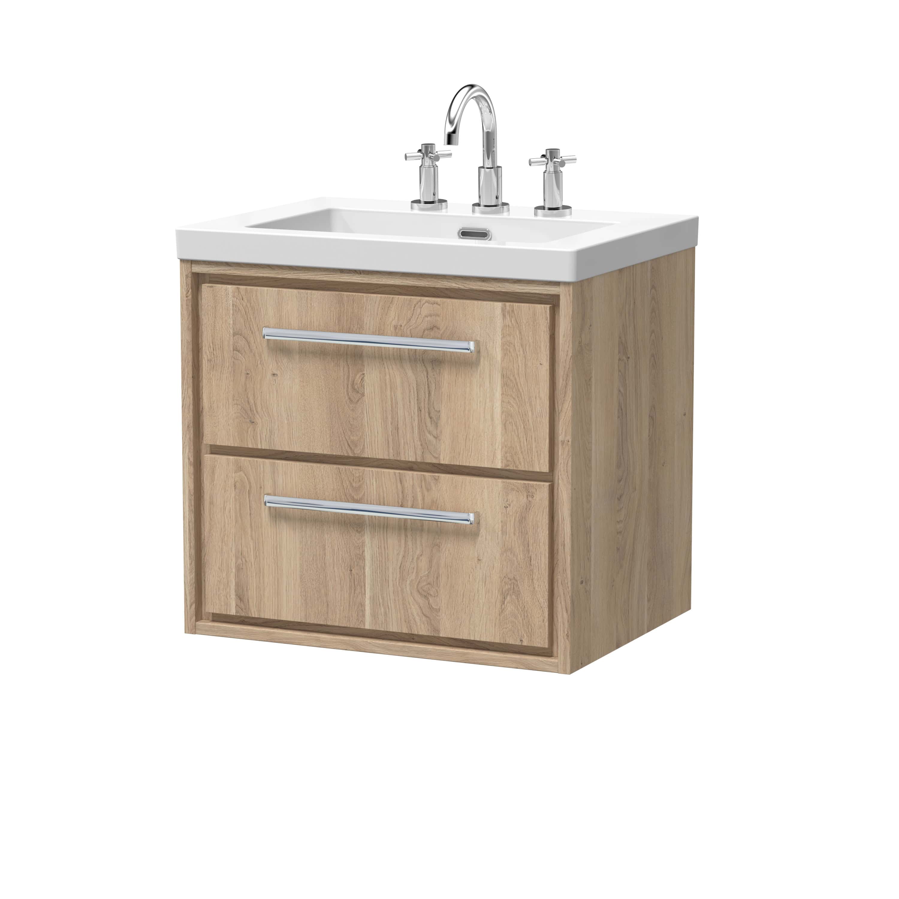 Modern bathroom vanity unit with white ceramic sink and chrome taps, wooden storage drawers, ideal for contemporary bathroom remodels.