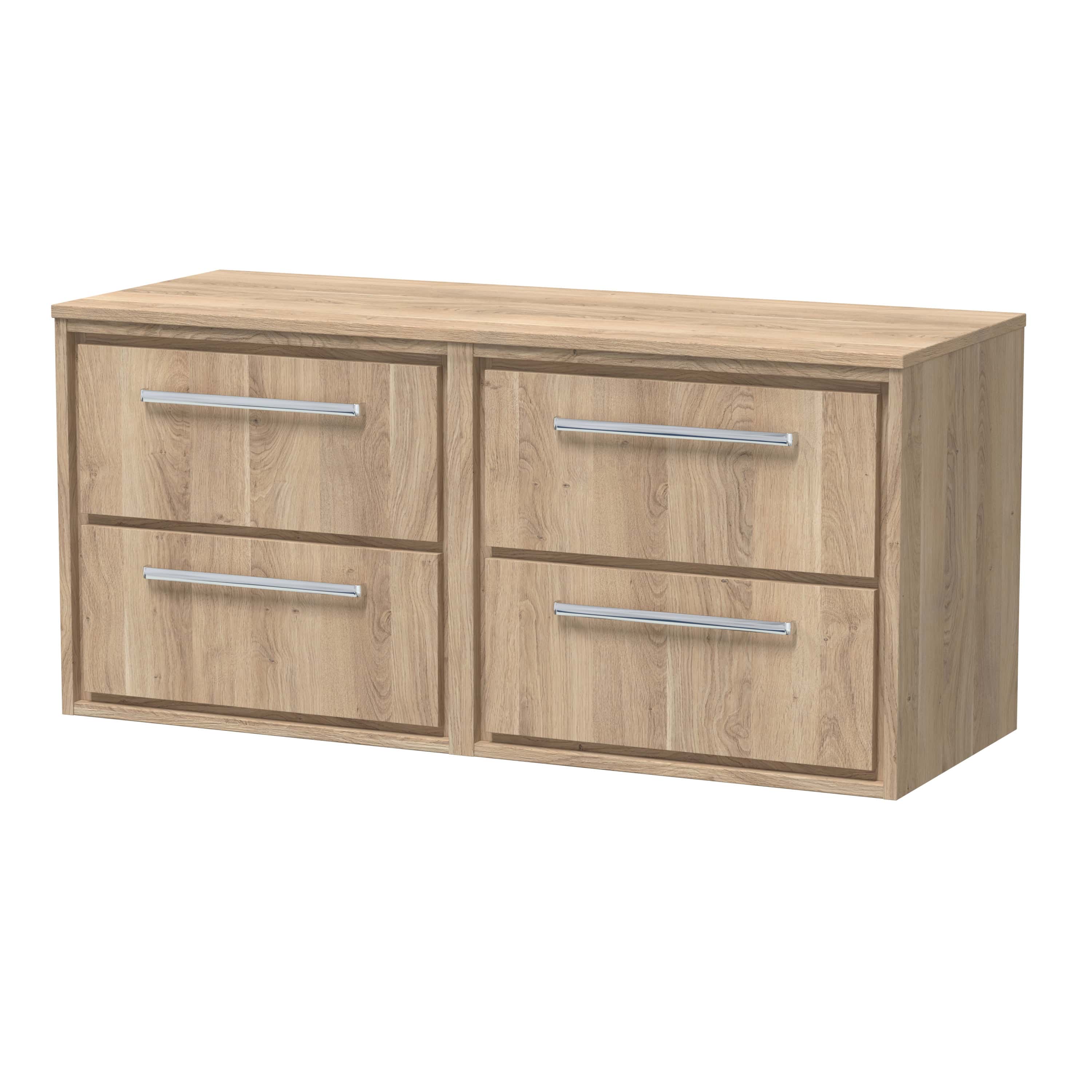 Solid oak bathroom sideboard with four drawers and modern silver handles, perfect for bathroom storage and organisation.