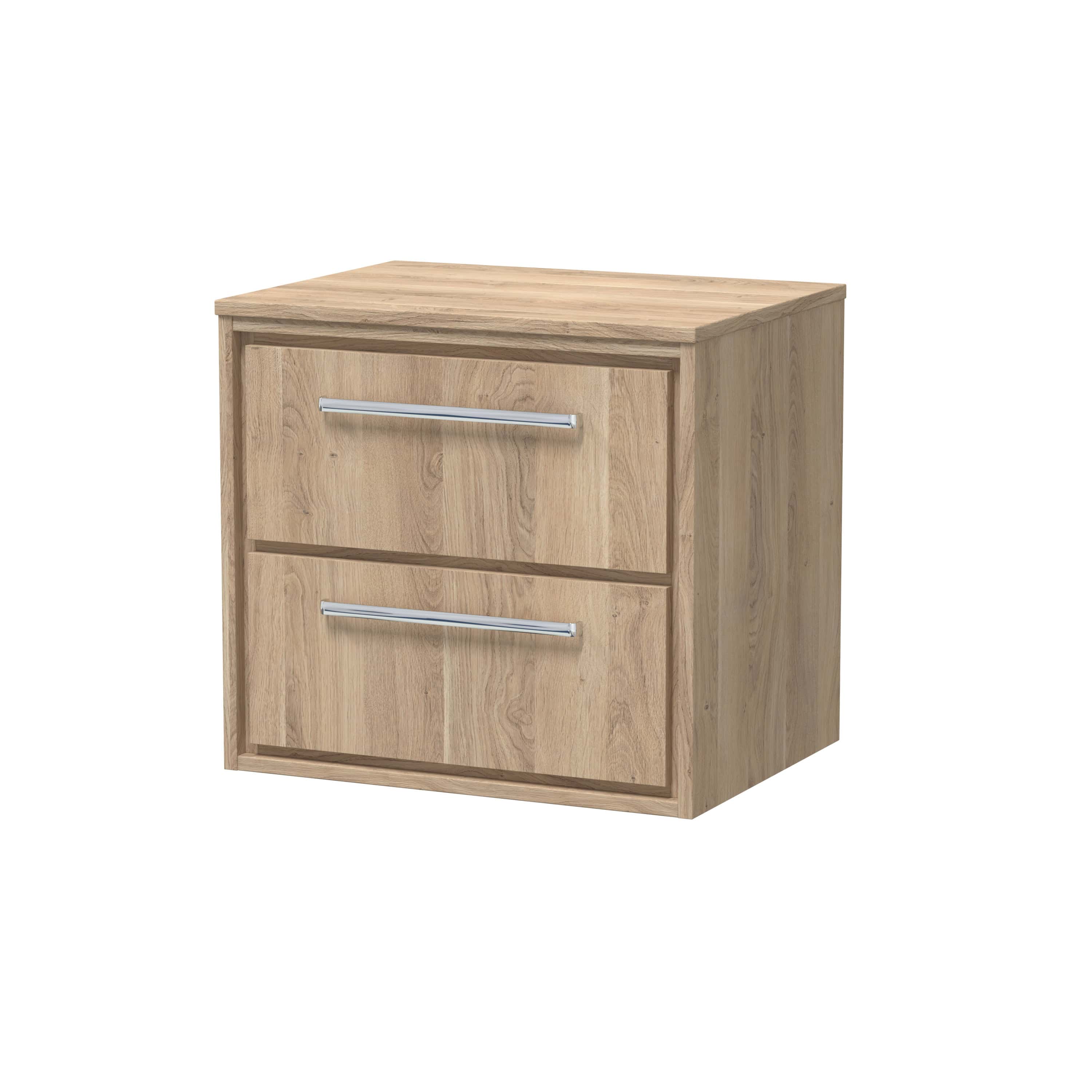 Natural wood finish bedside cabinet with two drawers and sleek metal handles for modern bathroom or bedroom storage. Crafted from durable oak or pine for a timeless look.