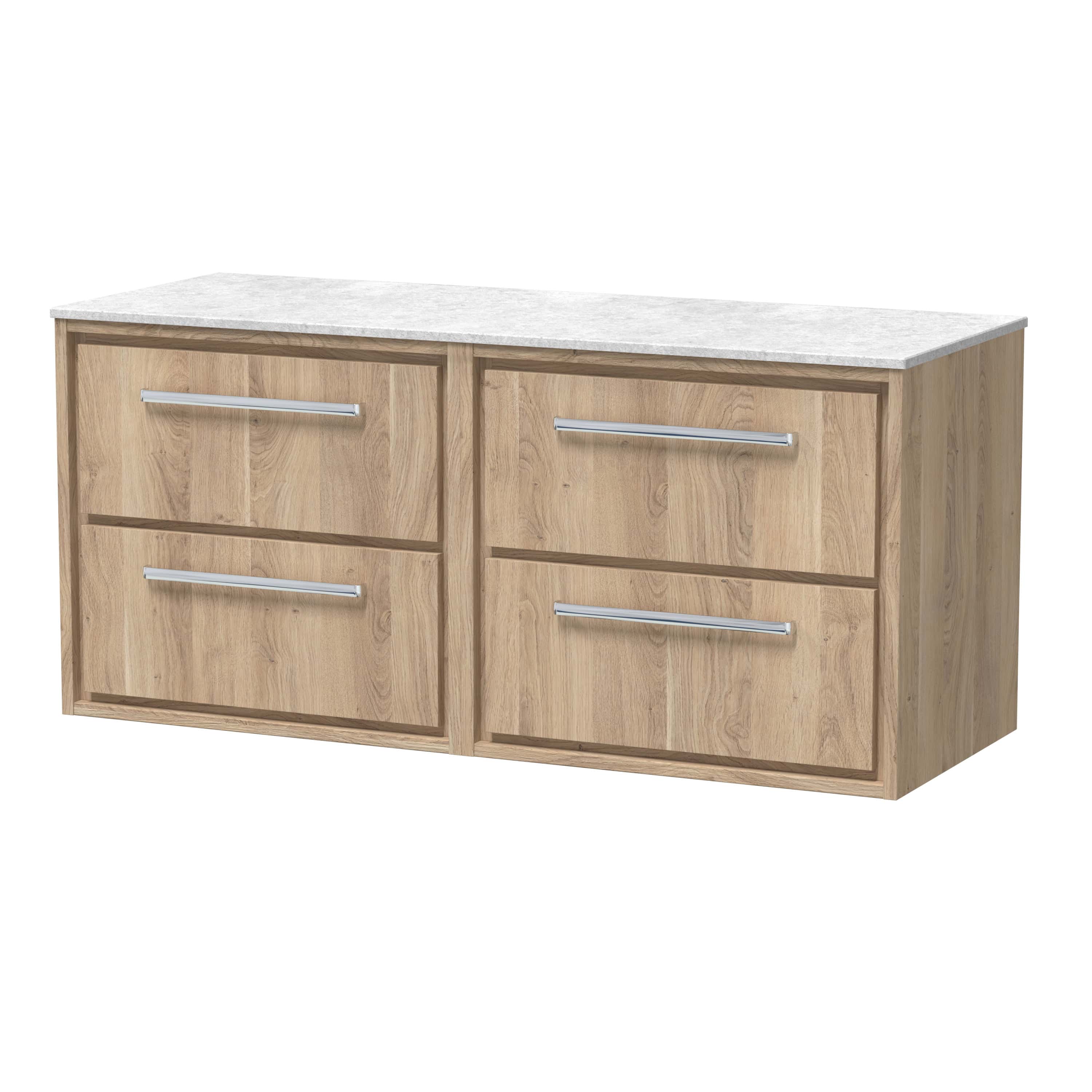Elegant wooden bathroom vanity unit with four spacious drawers and a marble-effect top, perfect for modern bathroom storage and decor.