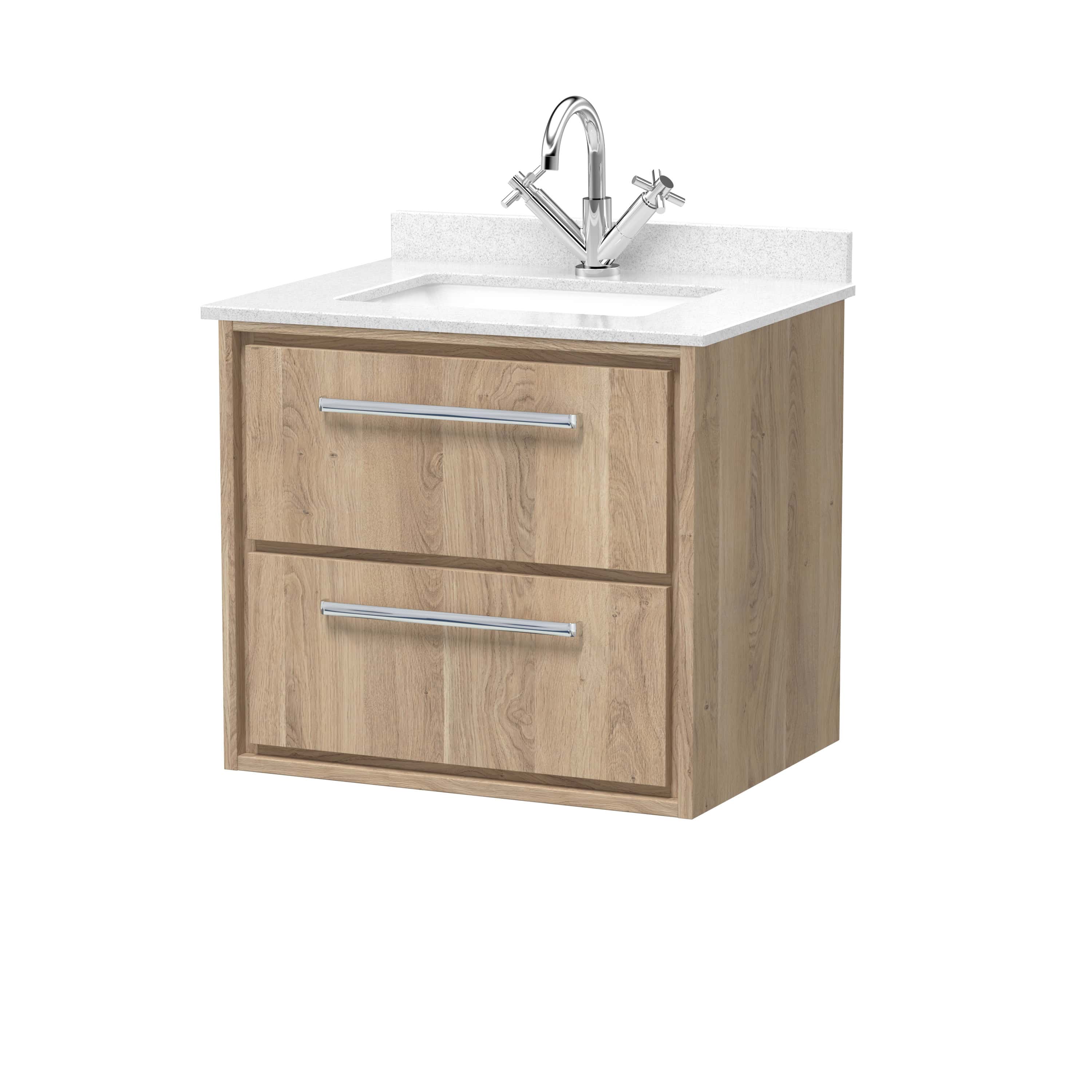 Modern wooden bathroom vanity with white countertop and integrated sink, featuring a sleek chrome faucet and drawers for storage, ideal for contemporary bathroom decor.