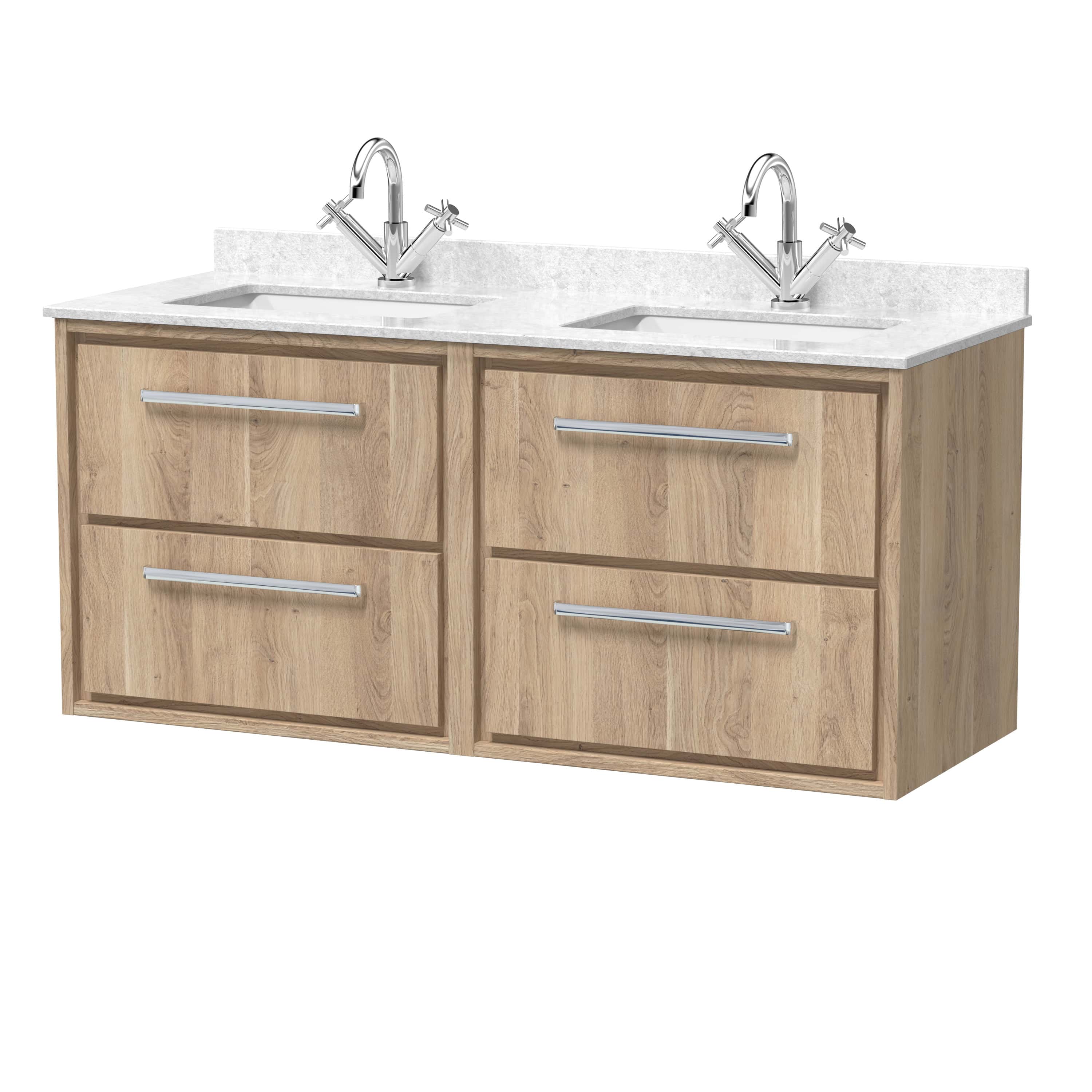 Contemporary double bathroom vanity with wood finish, quartz countertop, and dual chrome sinks and fixtures, ideal for modern bathrooms. Perfect for stylish and functional bathroom storage.