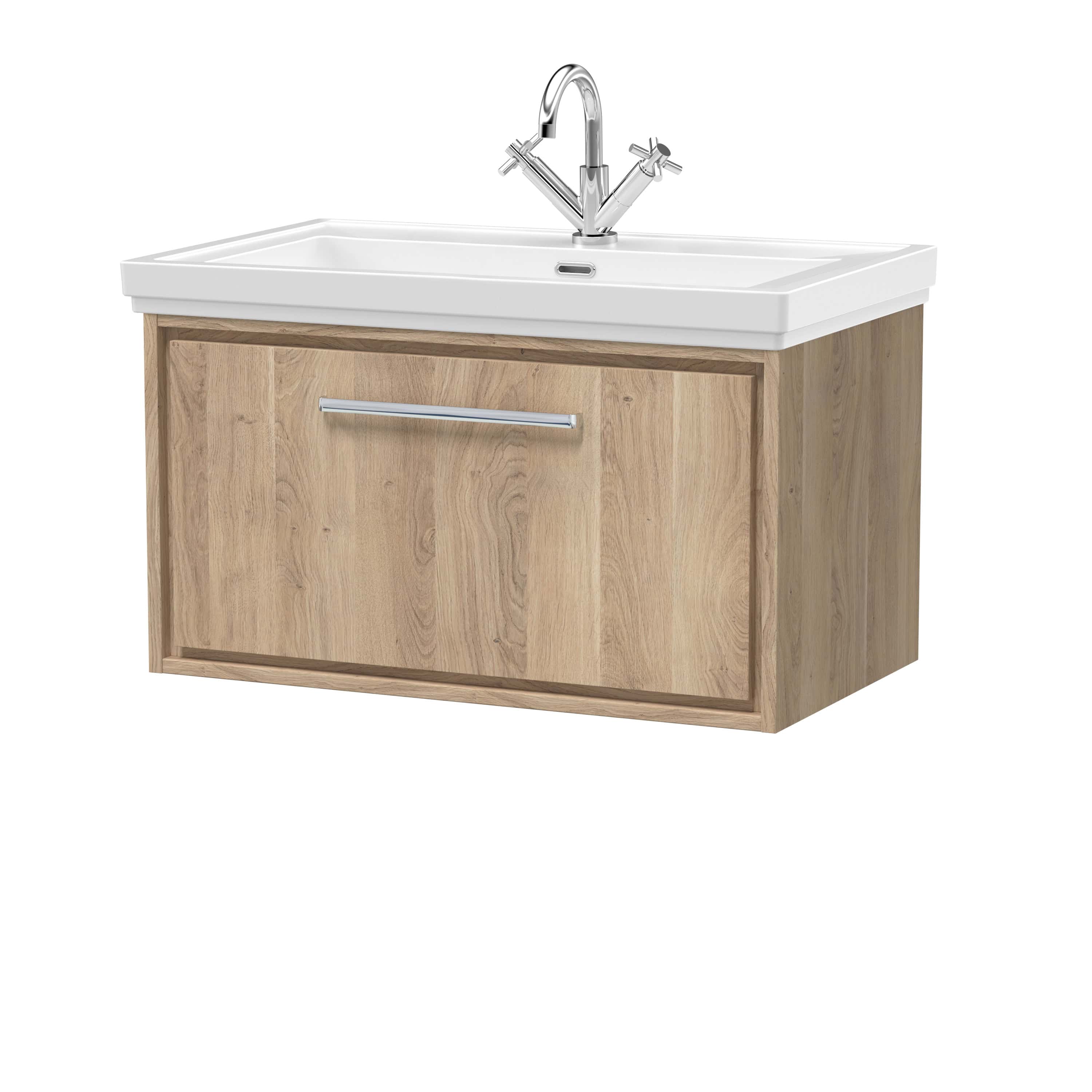 Modern wooden bathroom vanity with integrated sink and chrome faucet, ideal for contemporary bathroom decor. Durable and stylish storage solution for bathrooms.