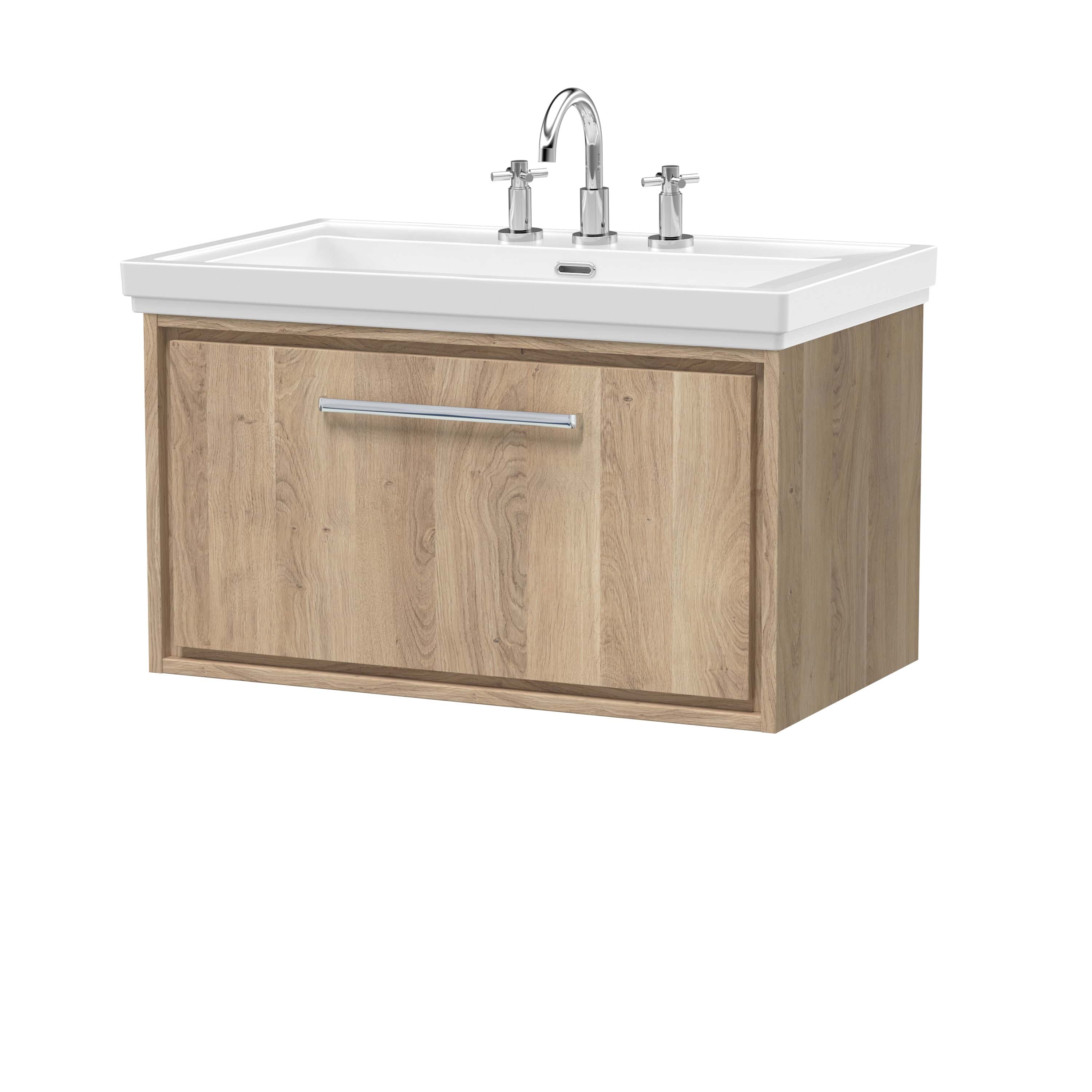 Contemporary bathroom vanity with a wooden cabinet and a white ceramic sink featuring chrome faucet and handles, perfect for modern bathroom upgrades.