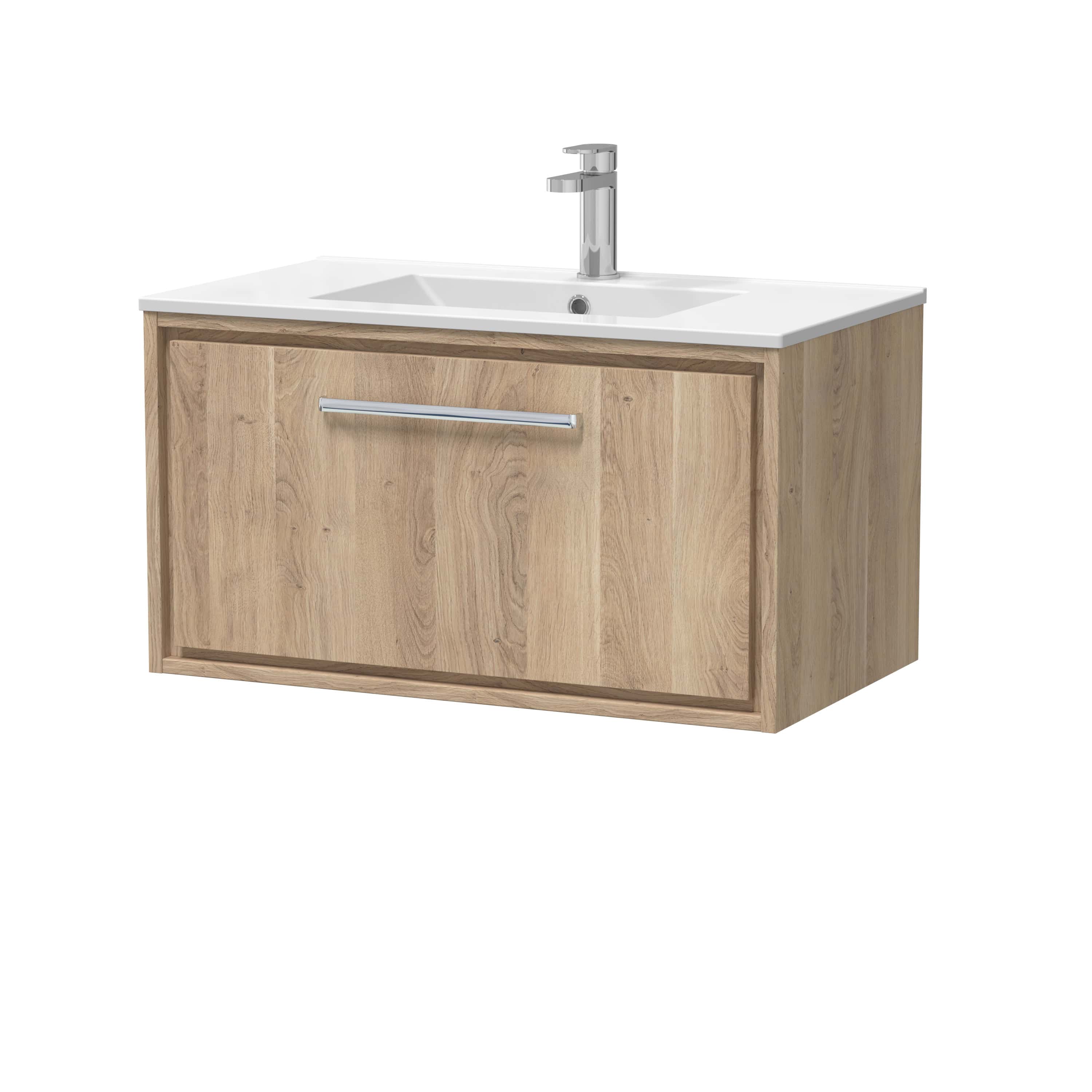 Modern wooden bathroom vanity with integrated sink and chrome faucet, perfect for contemporary bathroom designs. Durable wood finish with sleek handle for easy access to storage.