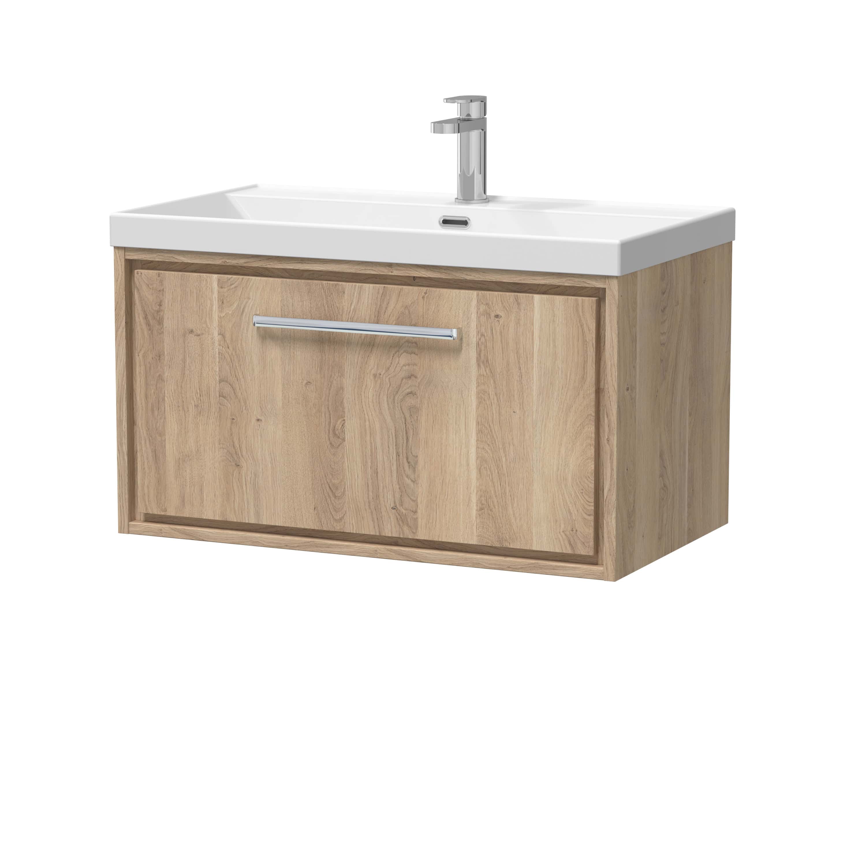 Modern wooden bathroom vanity with white ceramic sink and chrome faucet, ideal for contemporary bathroom renovation. Durable timber cabinet provides stylish storage space.