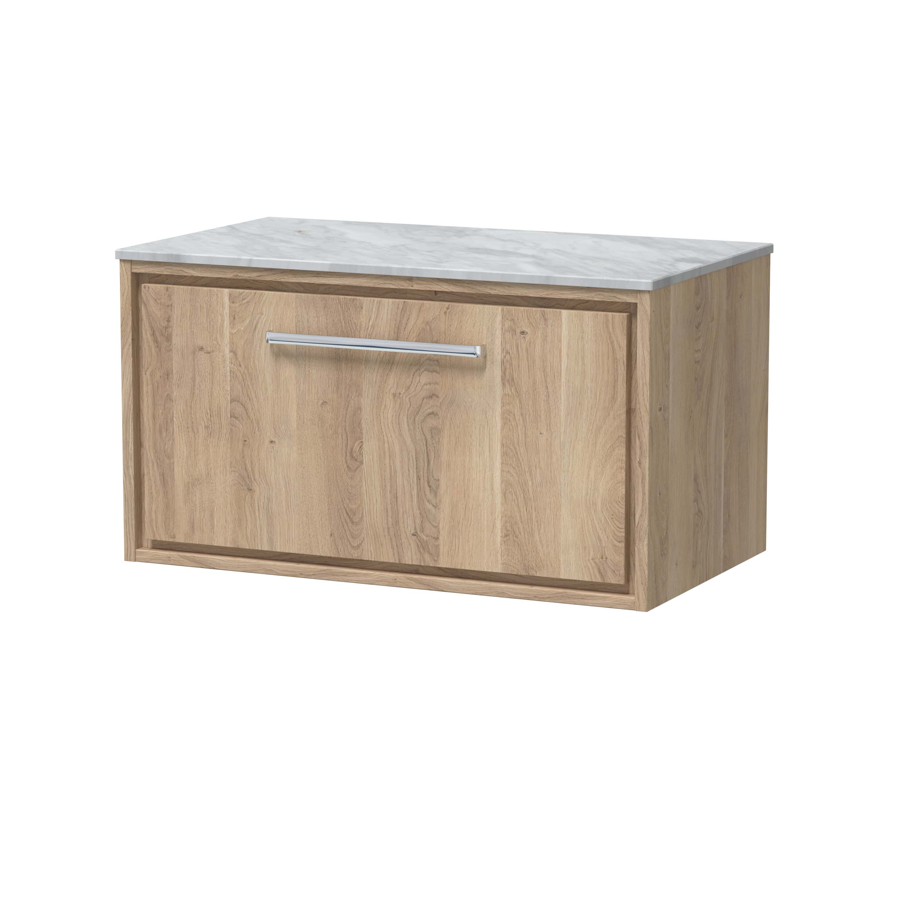 Contemporary wooden bathroom cabinet with a marble top, ideal for modern bathroom decor, featuring sleek metal handle and storage space. Perfect for organising bathroom essentials.