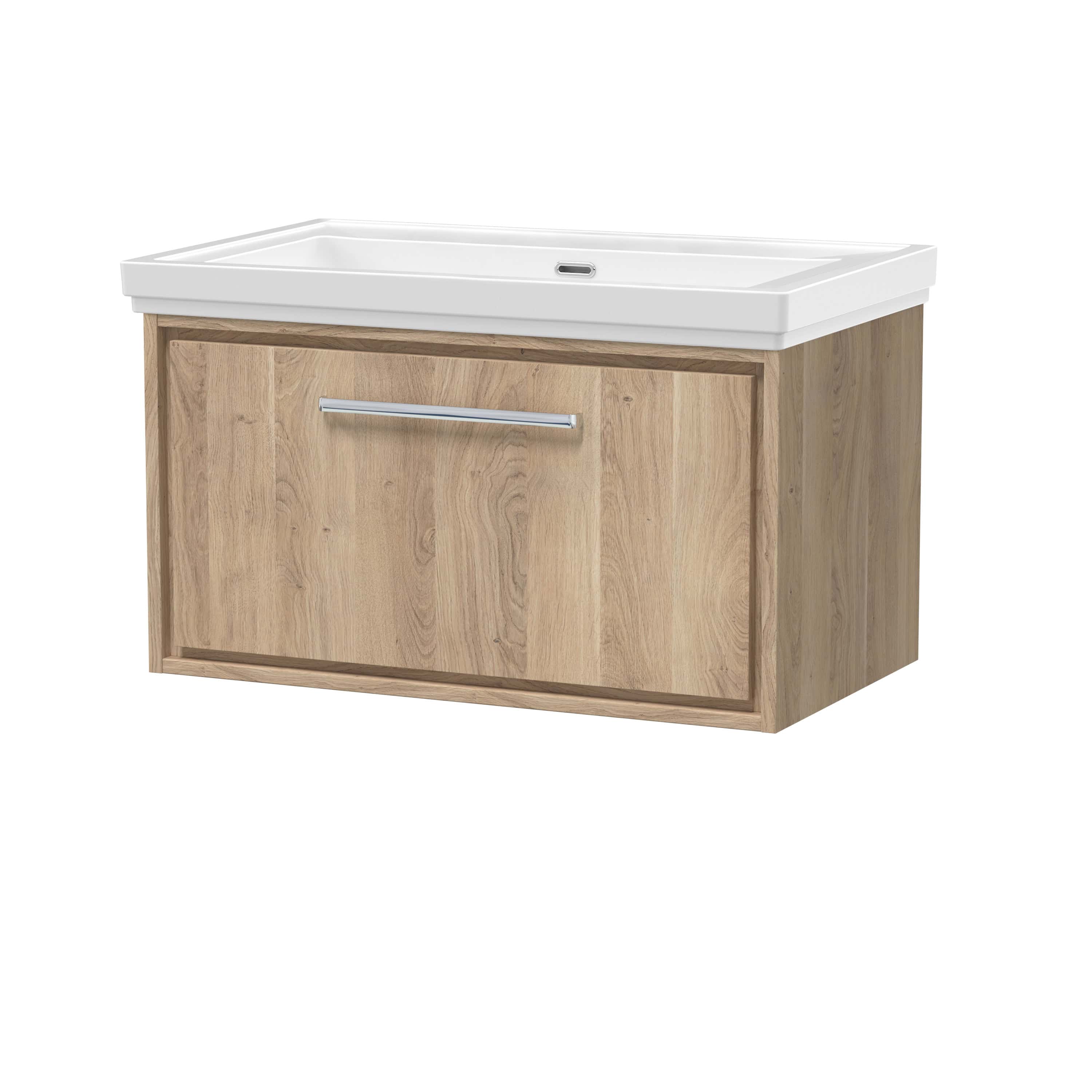 Wooden bathroom vanity with white ceramic sink and modern handle, ideal for contemporary bathroom decor, providing stylish storage and washbasin solutions.