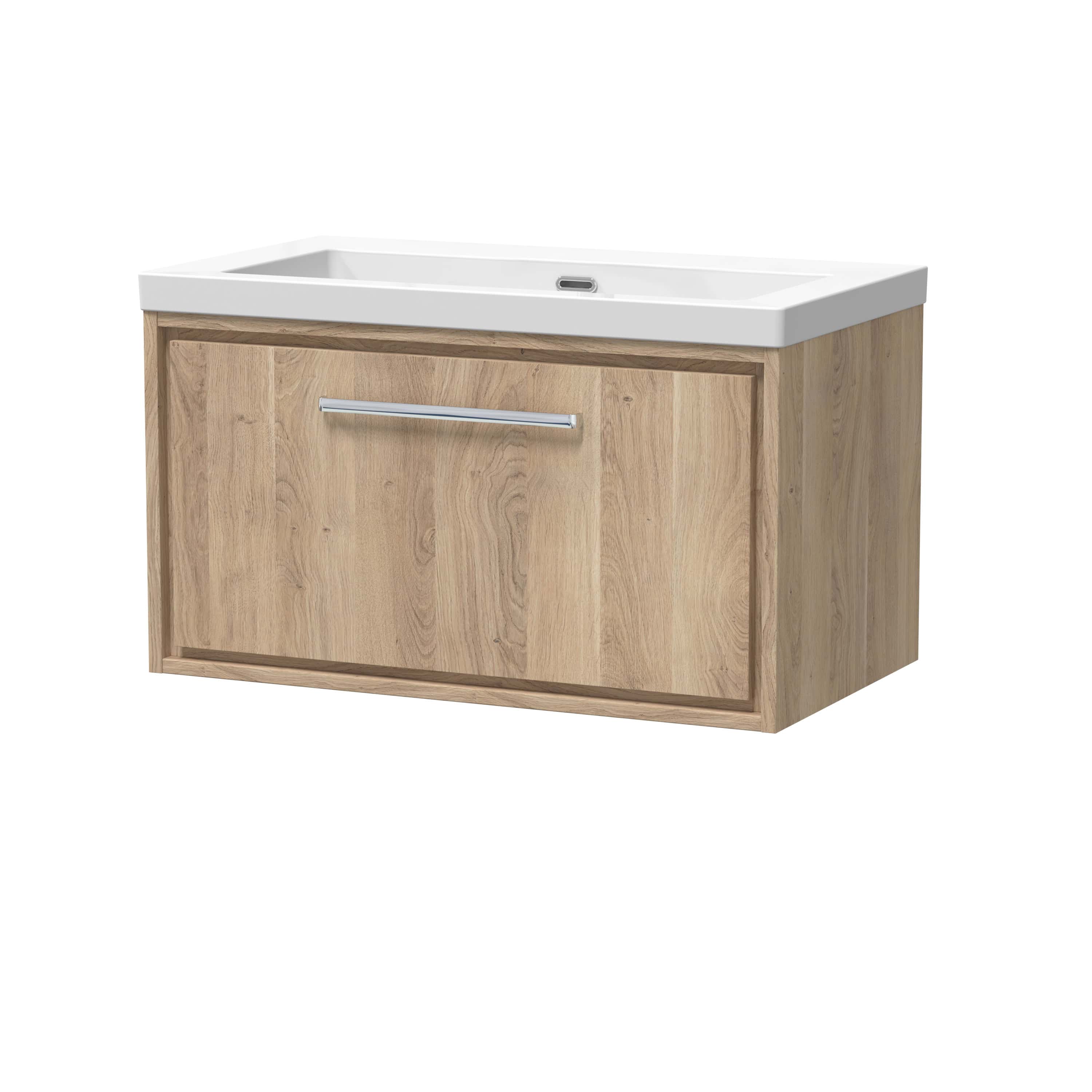 Minimalist wooden bathroom vanity with integrated sink for modern bathroom design. Durable oak finish with sleek handle for convenient storage access. Perfect for contemporary bathroom aesthetics.