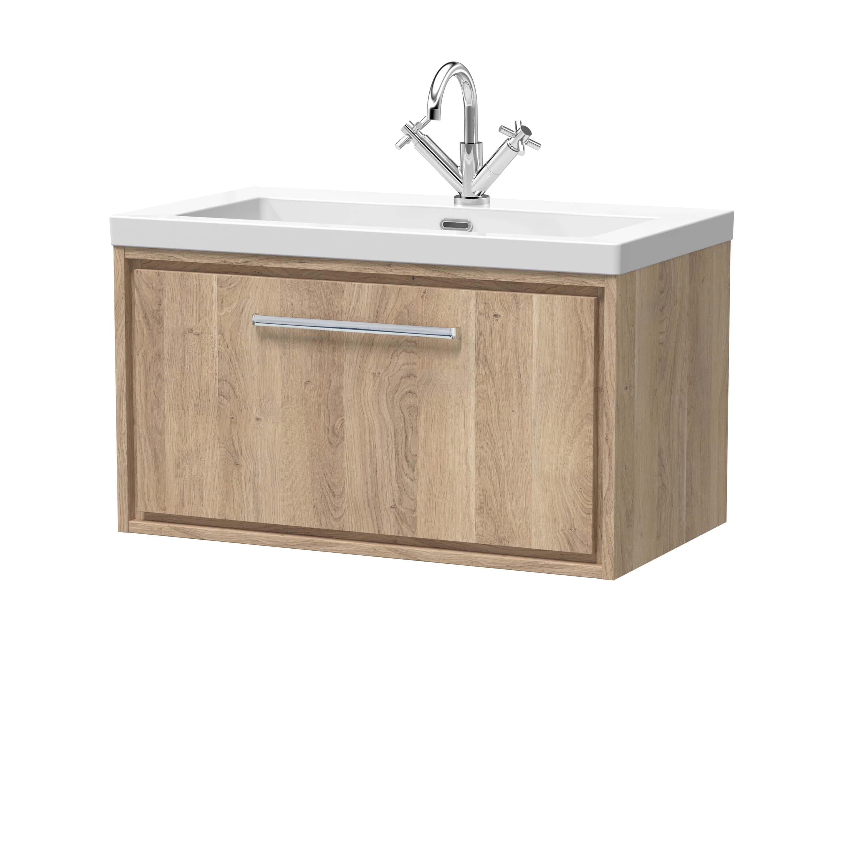 Modern wooden bathroom vanity unit with a white ceramic sink and chrome mixer tap, ideal for contemporary bathroom wash areas.