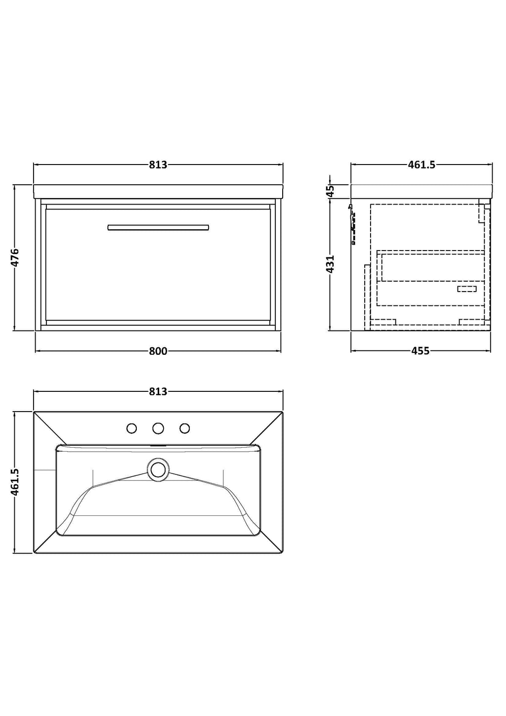Elegant bathroom vanity with integrated sink and storage drawers, designed for modern bathroom decor, featuring precise measurements and sleek lines.