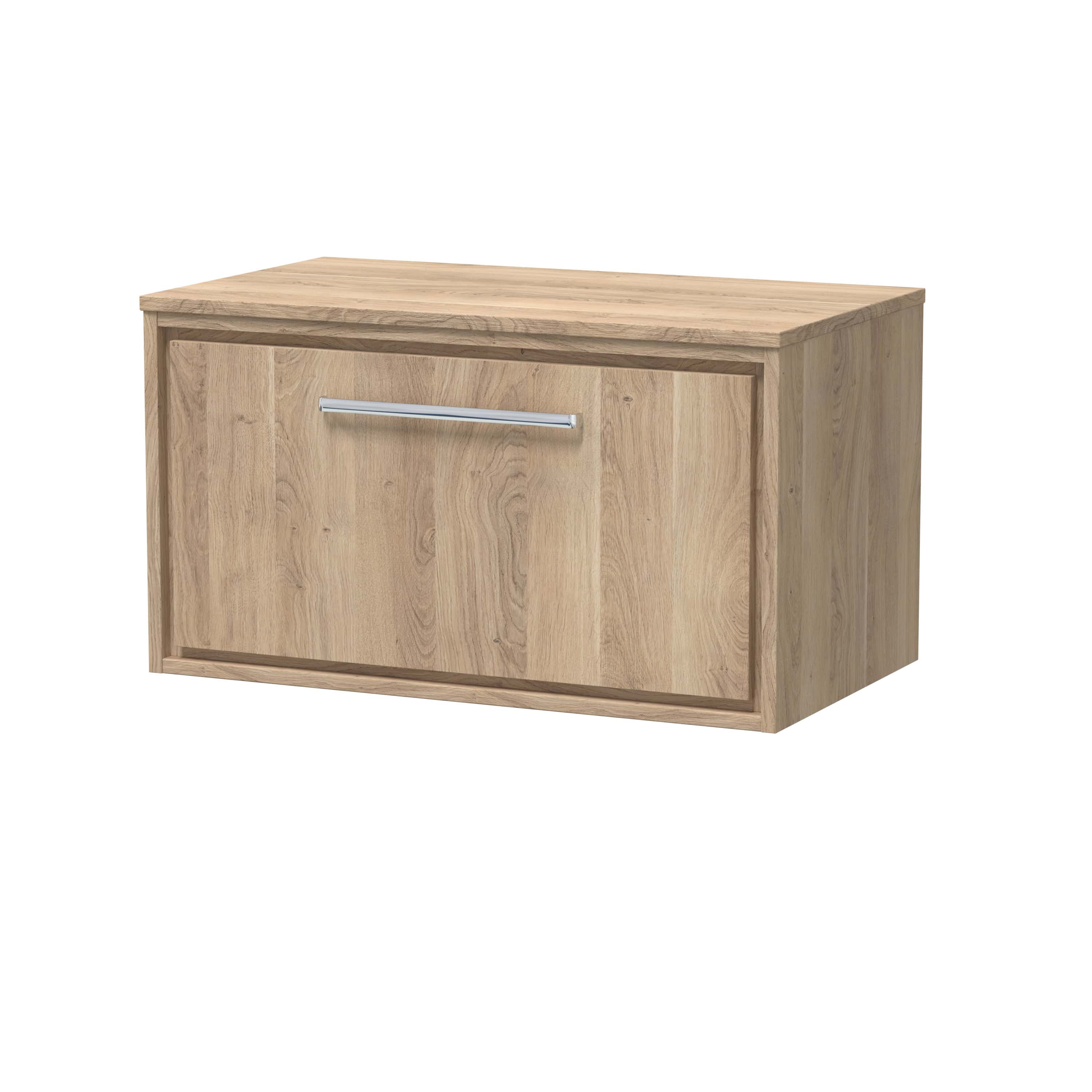Natural oak bathroom storage cabinet with sleek metal handle for modern bathroom organisation.