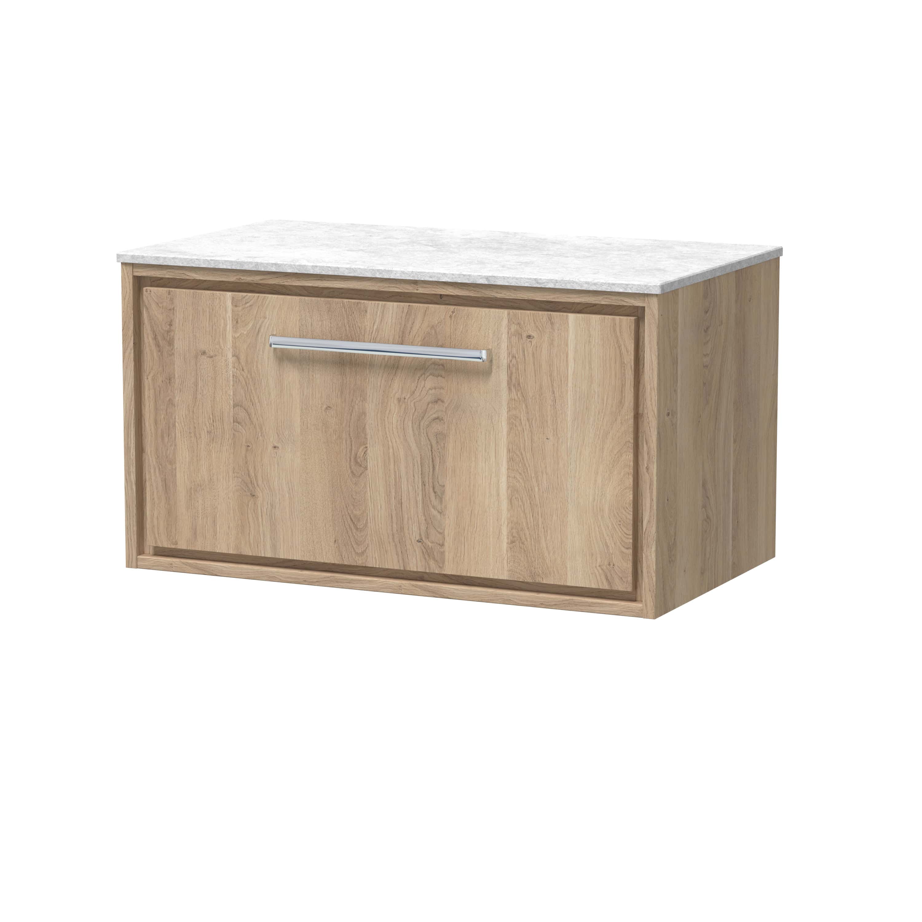 Wooden bathroom vanity with a marble top and modern handle, ideal for stylish bathroom storage solutions. Perfect blend of natural oak finish and durable materials for contemporary bathroom designs.