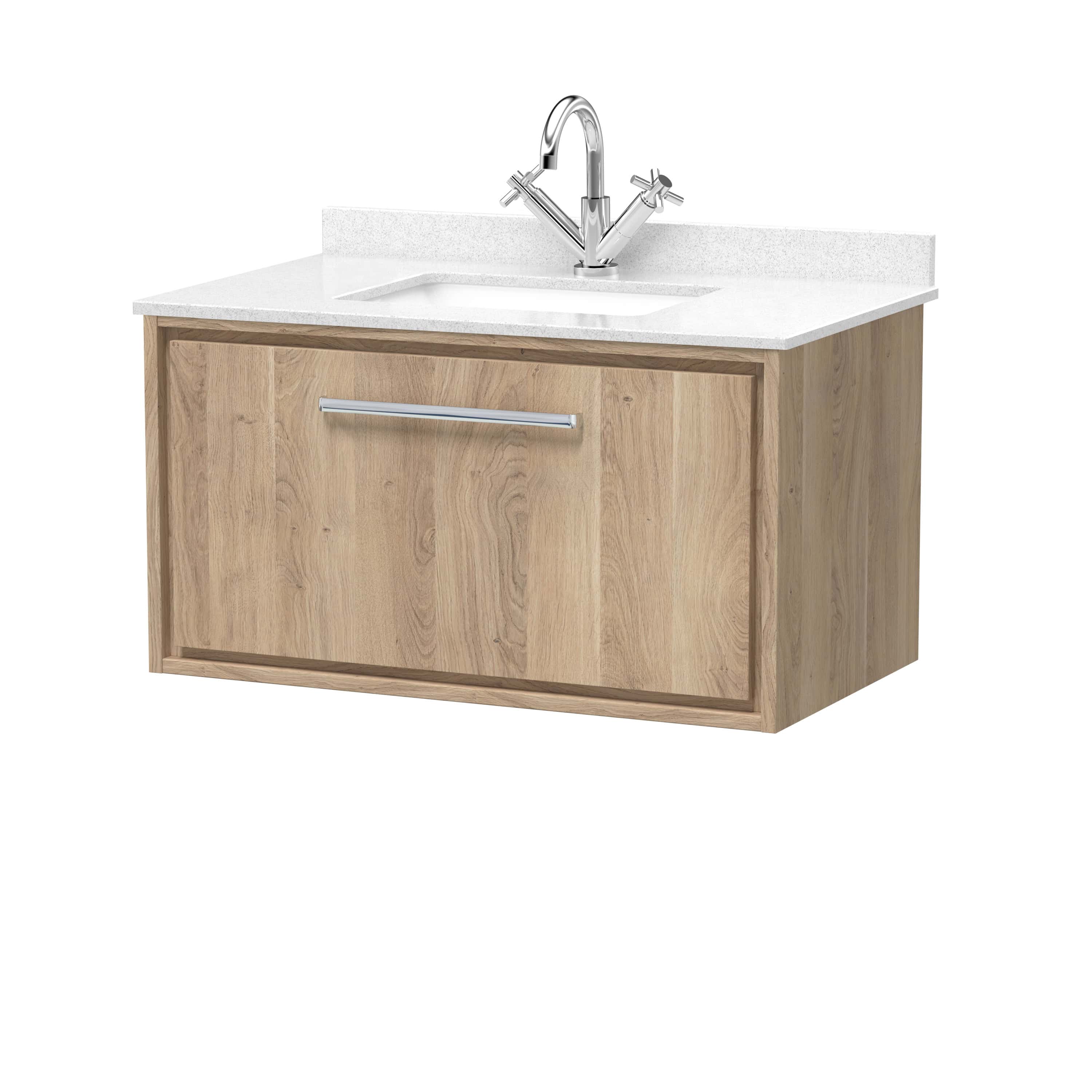 Sleek bathroom vanity unit with a white countertop, integrated sink, and modern chrome tap, featuring natural wood finish for a stylish bathroom update.