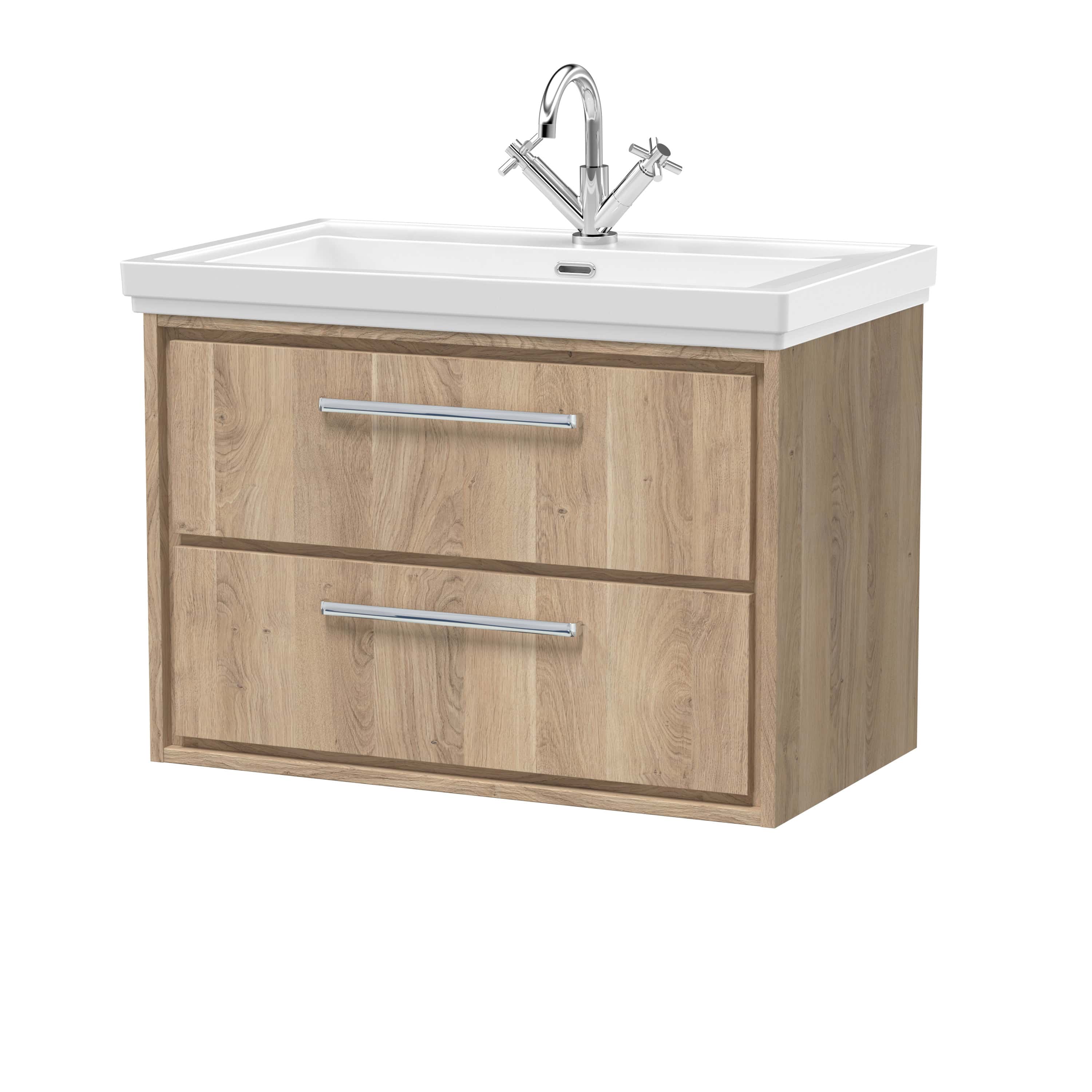 Wooden bathroom vanity with integrated ceramic sink and modern chrome tap, suitable for contemporary bathroom designs. Ideal for bathroom furniture and plumbing upgrades.