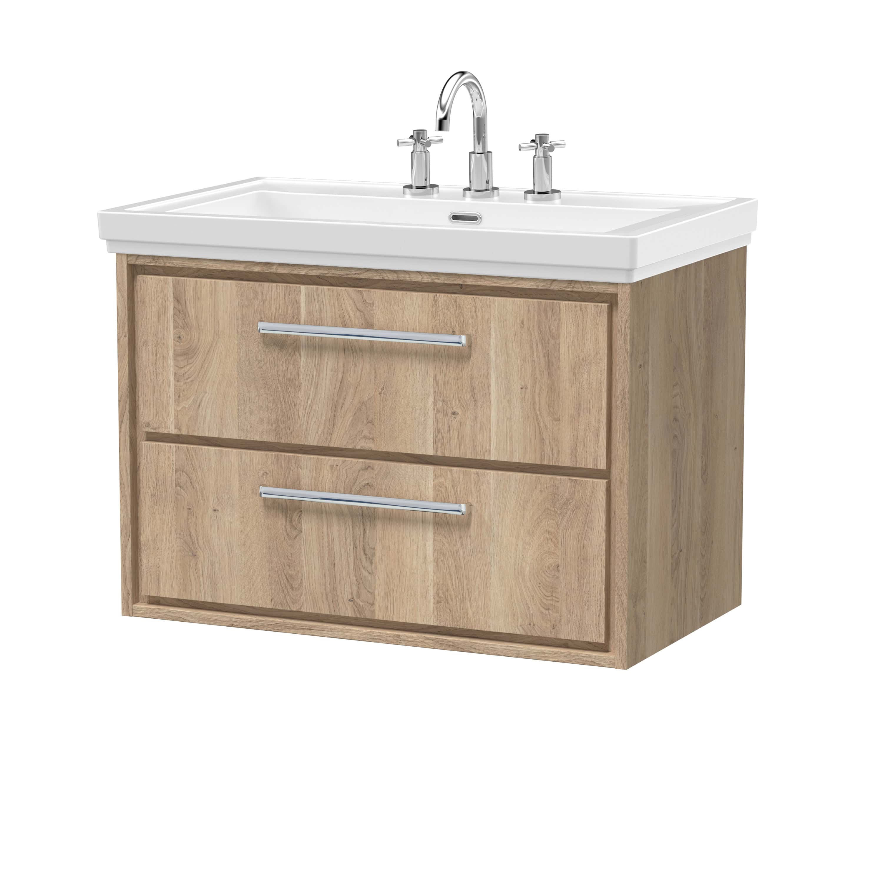 Modern bathroom vanity with white ceramic sink and wooden cabinet, featuring sleek silver handles, ideal for stylish bathroom renovation and storage.