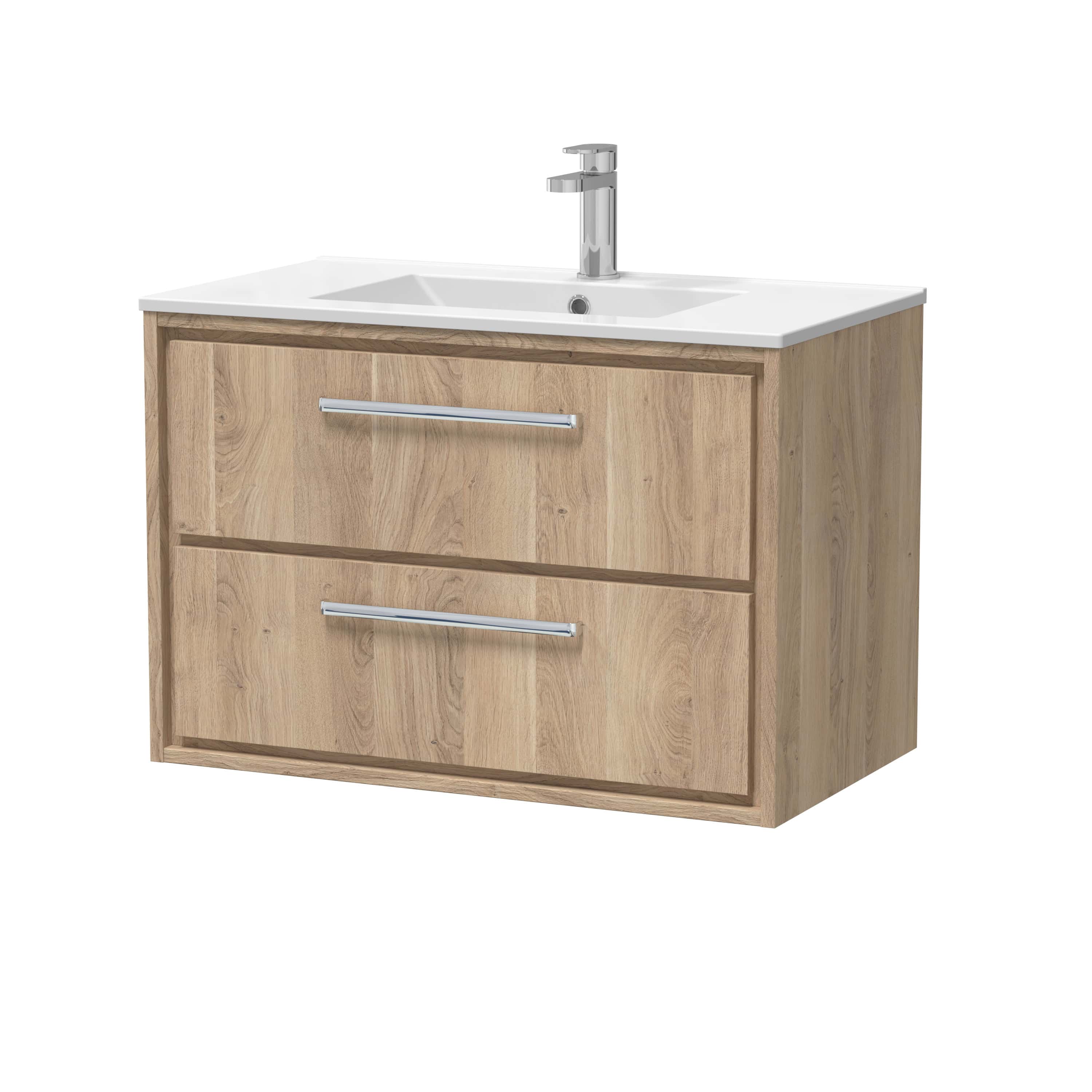 Modern wooden bathroom vanity with integrated sink and chrome handles for contemporary bathroom design. Perfect for stylish, functional bathroom storage solutions.