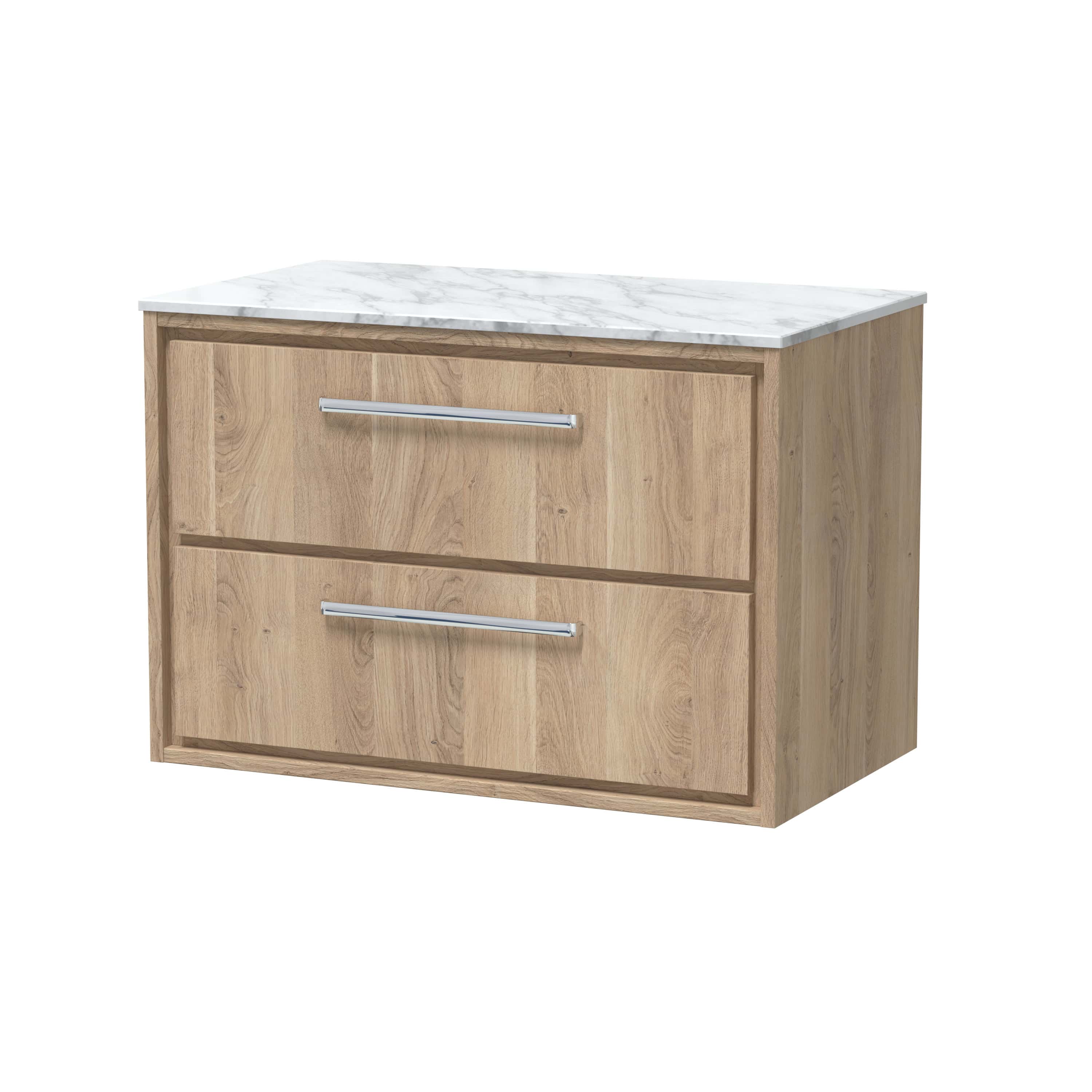Stylish bathroom vanity unit with natural wood finish and marble top, providing elegant storage solution for modern bathrooms.