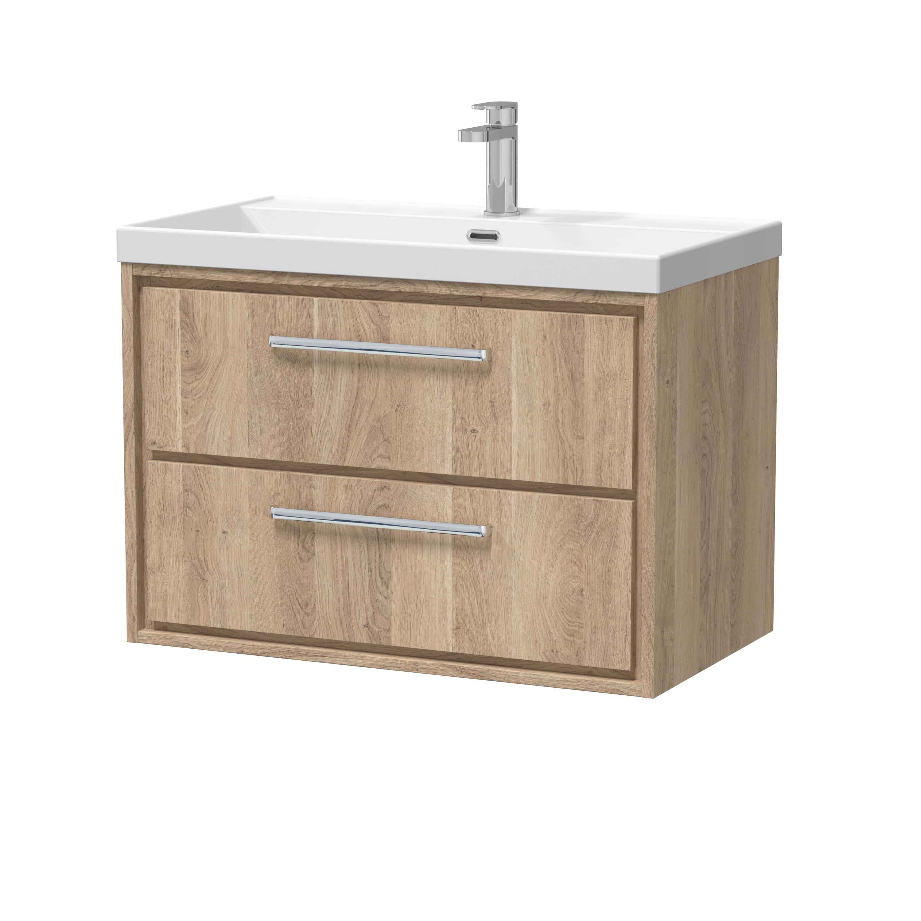 Modern bathroom vanity unit with white ceramic sink and chrome tap, featuring natural wood finish drawers for stylish storage.