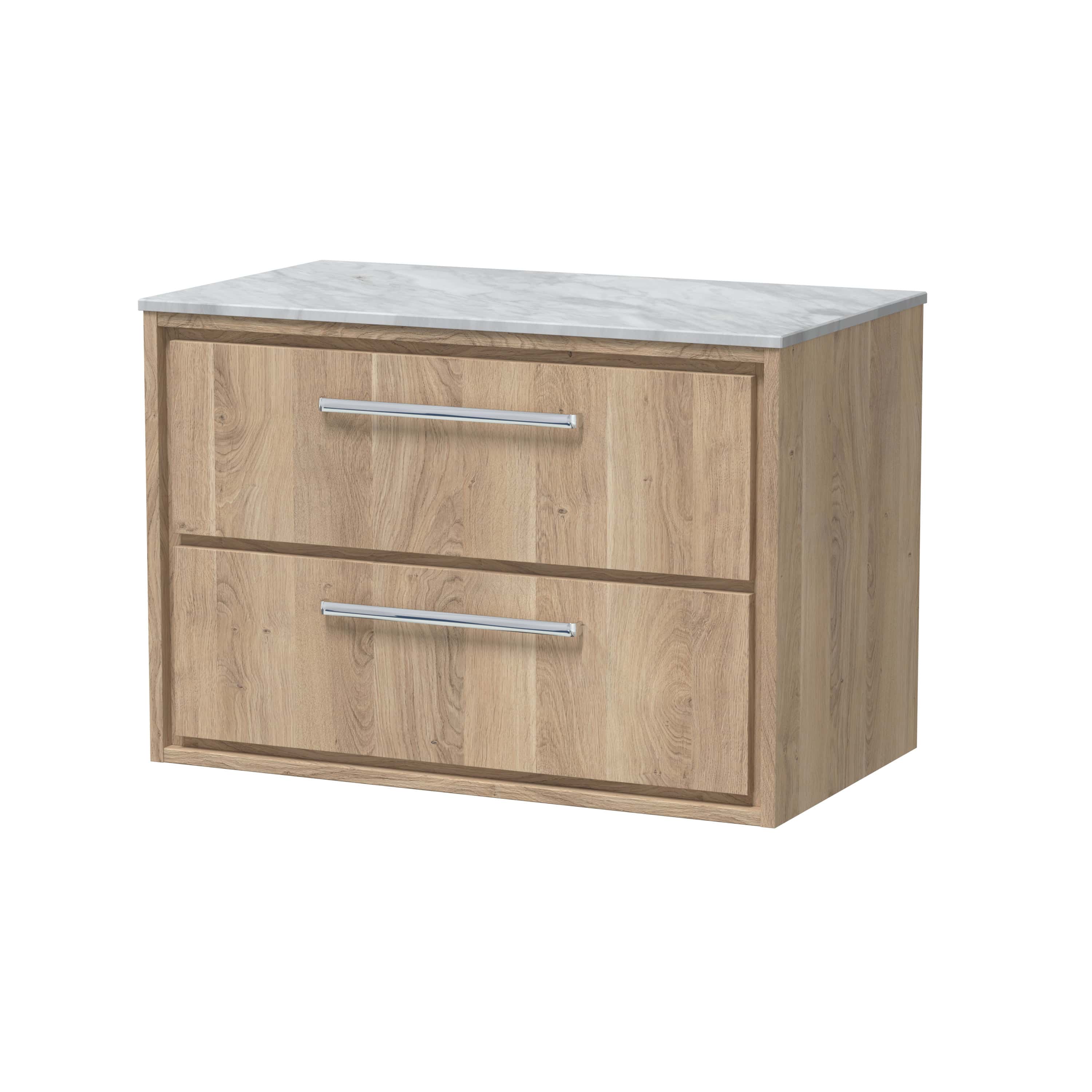 Natural wood bathroom vanity with marble top, two spacious drawers, modern chrome handles, ideal for contemporary bathroom design. Perfect for storage and style.