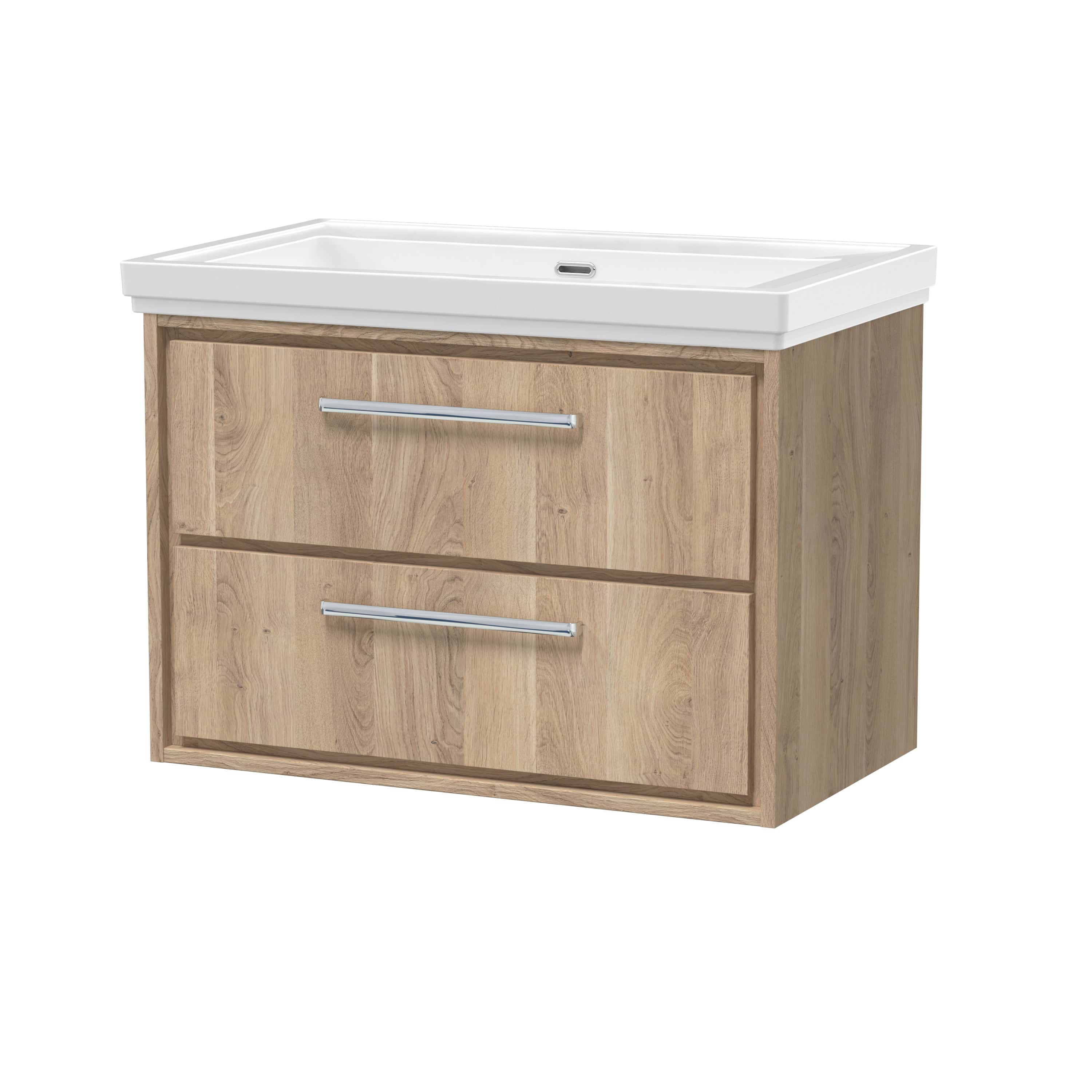 Modern wooden bathroom vanity with white countertop and integrated sink, featuring two spacious drawers with sleek metal handles for ample storage, perfect for contemporary bathrooms.