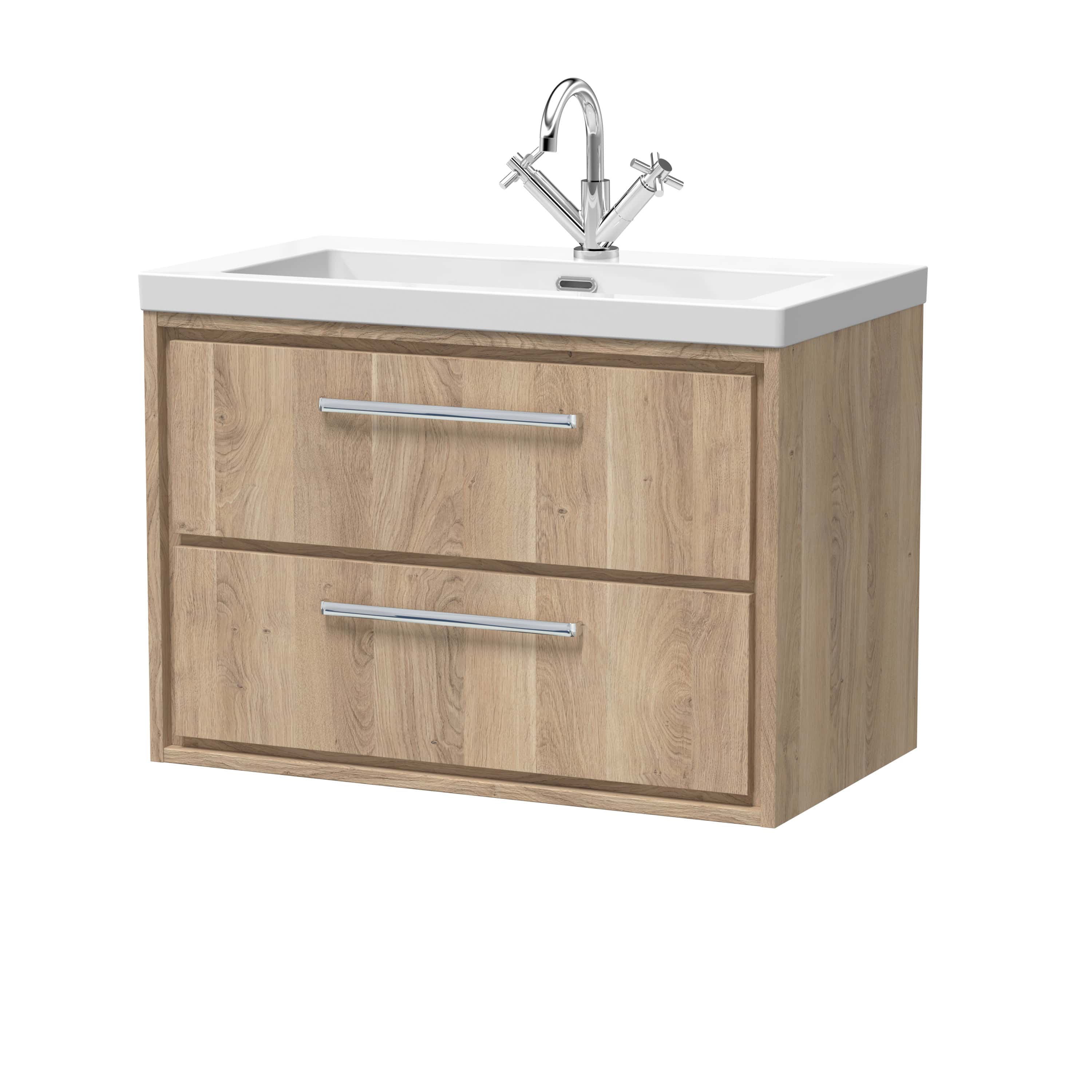 Modern bathroom vanity unit with a white ceramic sink and chrome tap, featuring two drawers in light wood finish, ideal for stylish bathroom storage.