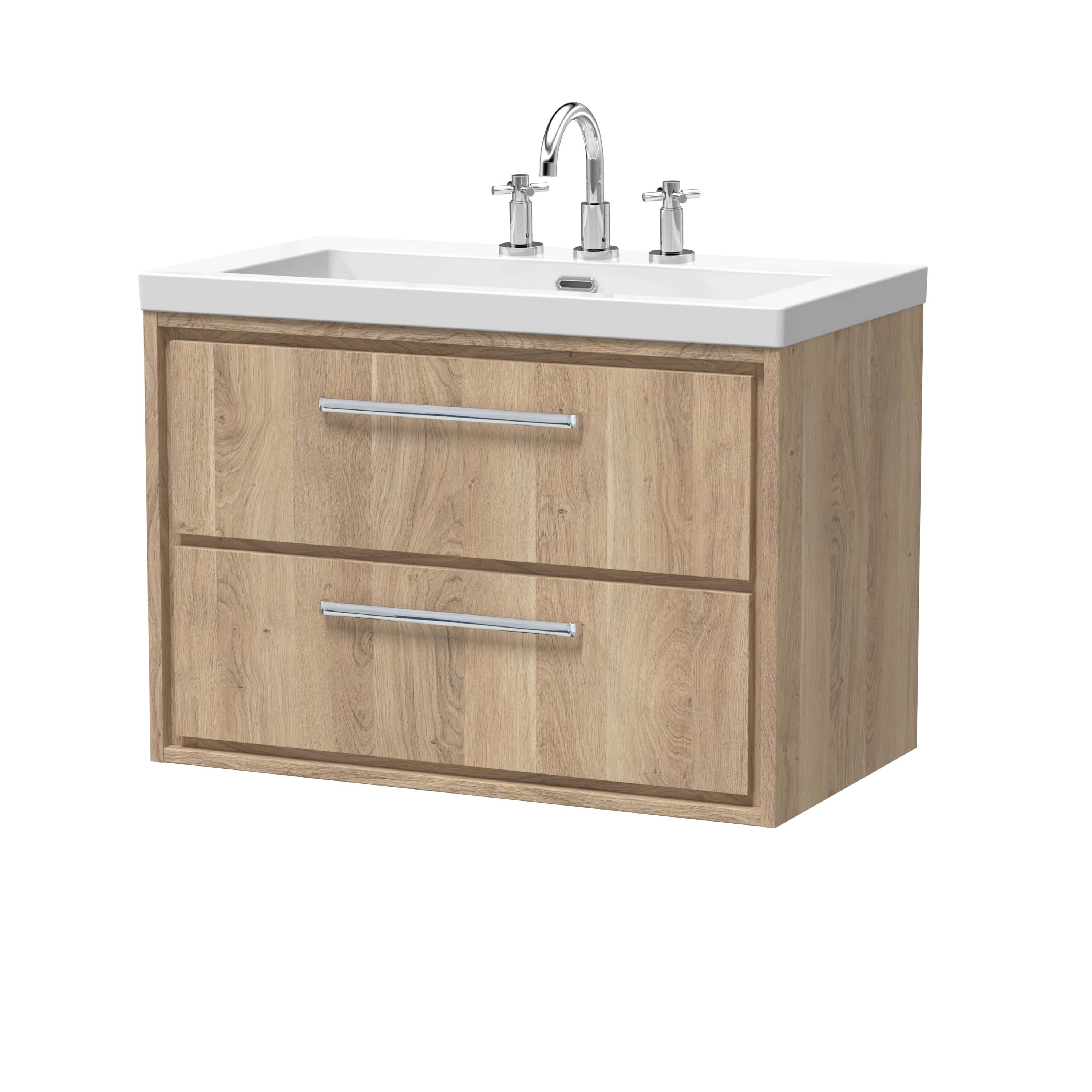 Wooden bathroom vanity unit with integrated ceramic sink and chrome tap, ideal for modern bathroom decor. Featuring two spacious drawers for convenient storage and sleek handles.