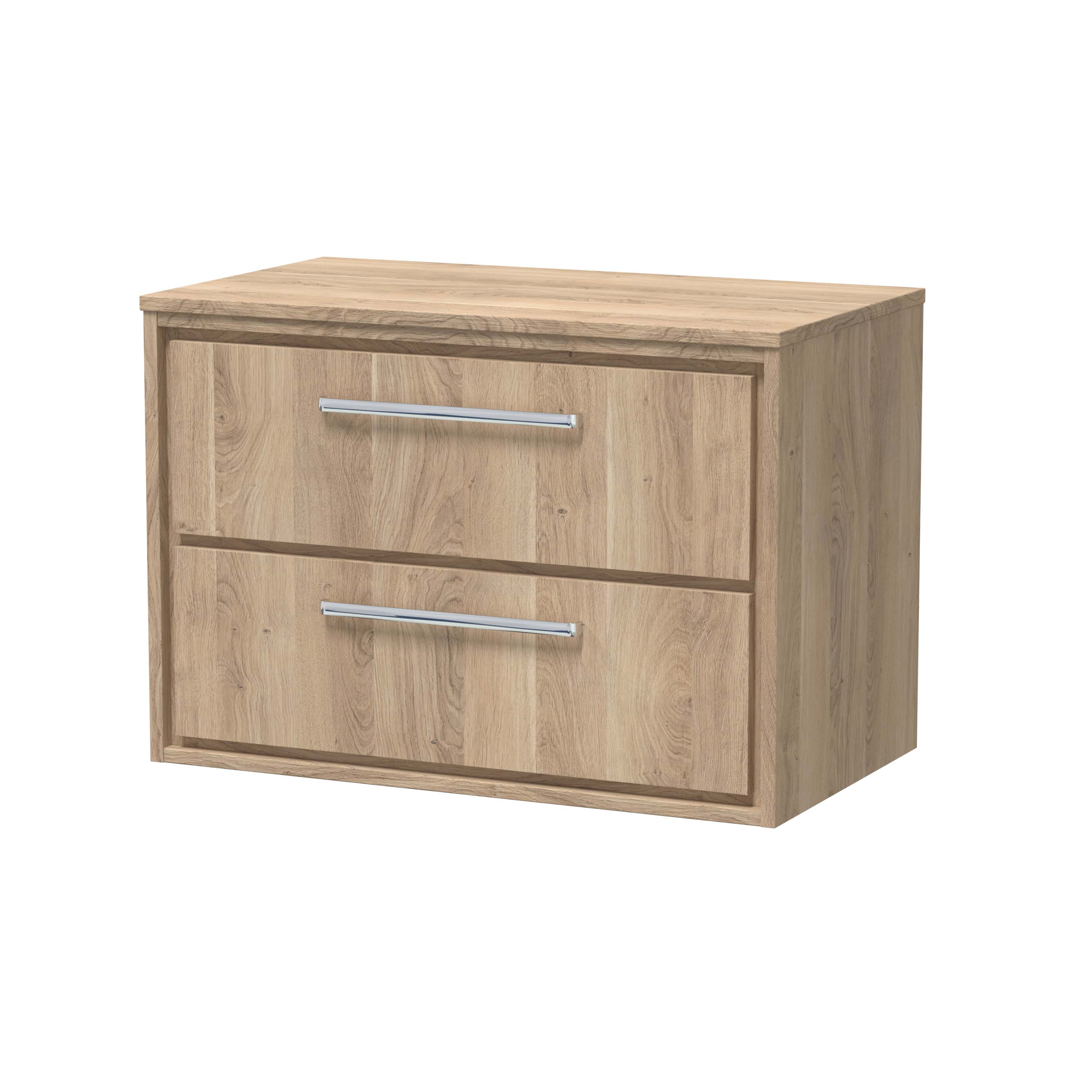 Solid oak bathroom vanity unit with two drawers and modern silver handles, perfect for contemporary bathroom storage solutions.