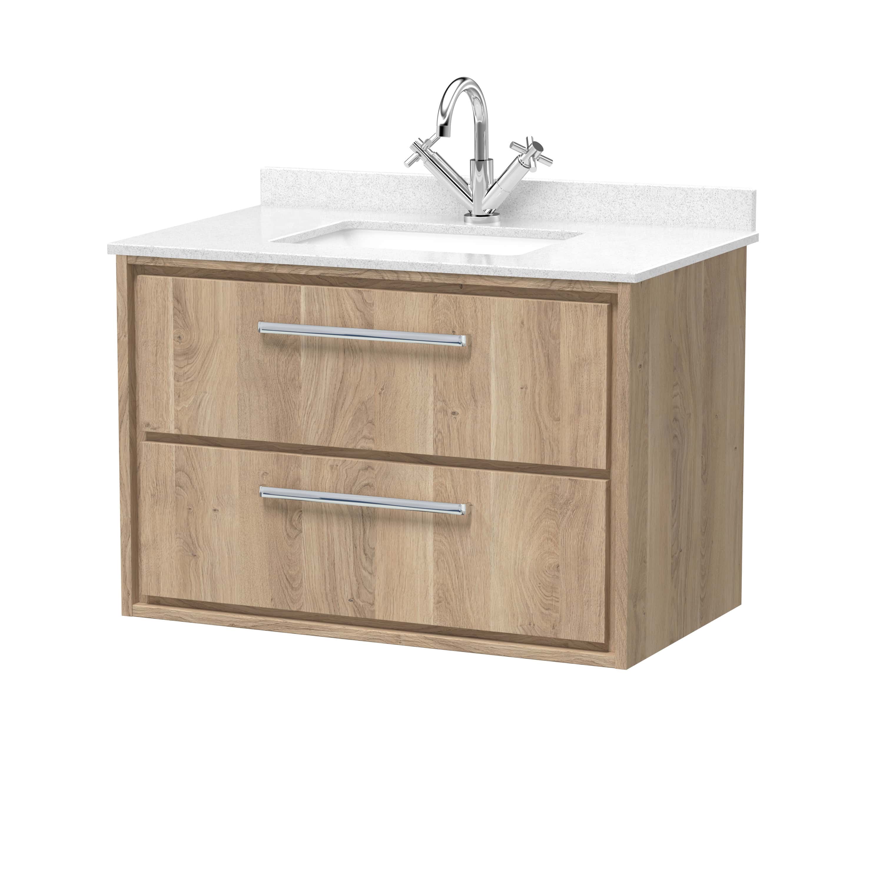 Modern bathroom vanity unit with a white countertop and chrome sink mixer tap, crafted from light wood for a contemporary look. Perfect for enhancing bathroom storage and style.