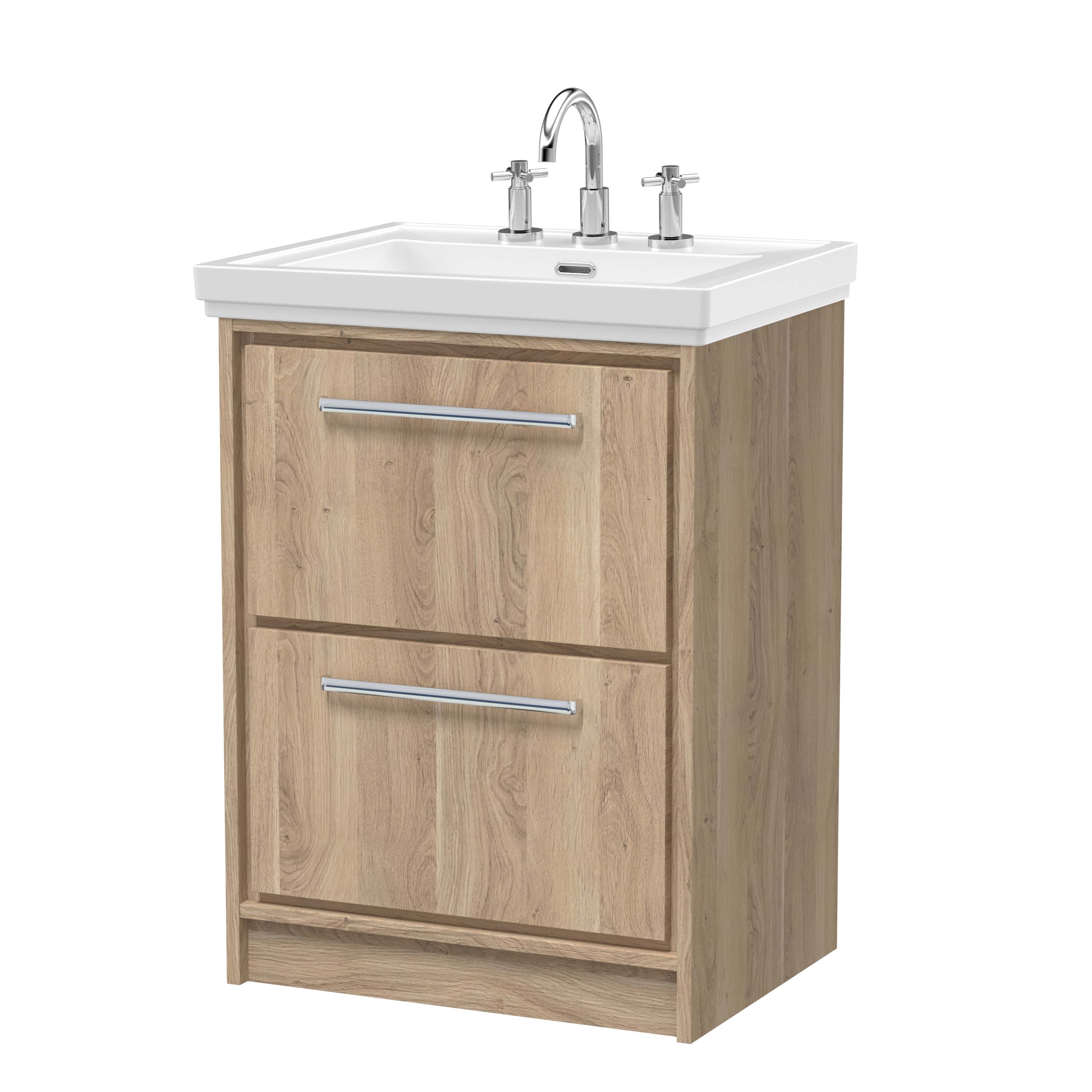 Smooth beige wooden bathroom vanity with a white ceramic sink, chrome faucet, and elegant silver handles, providing stylish and functional bathroom storage and basin.