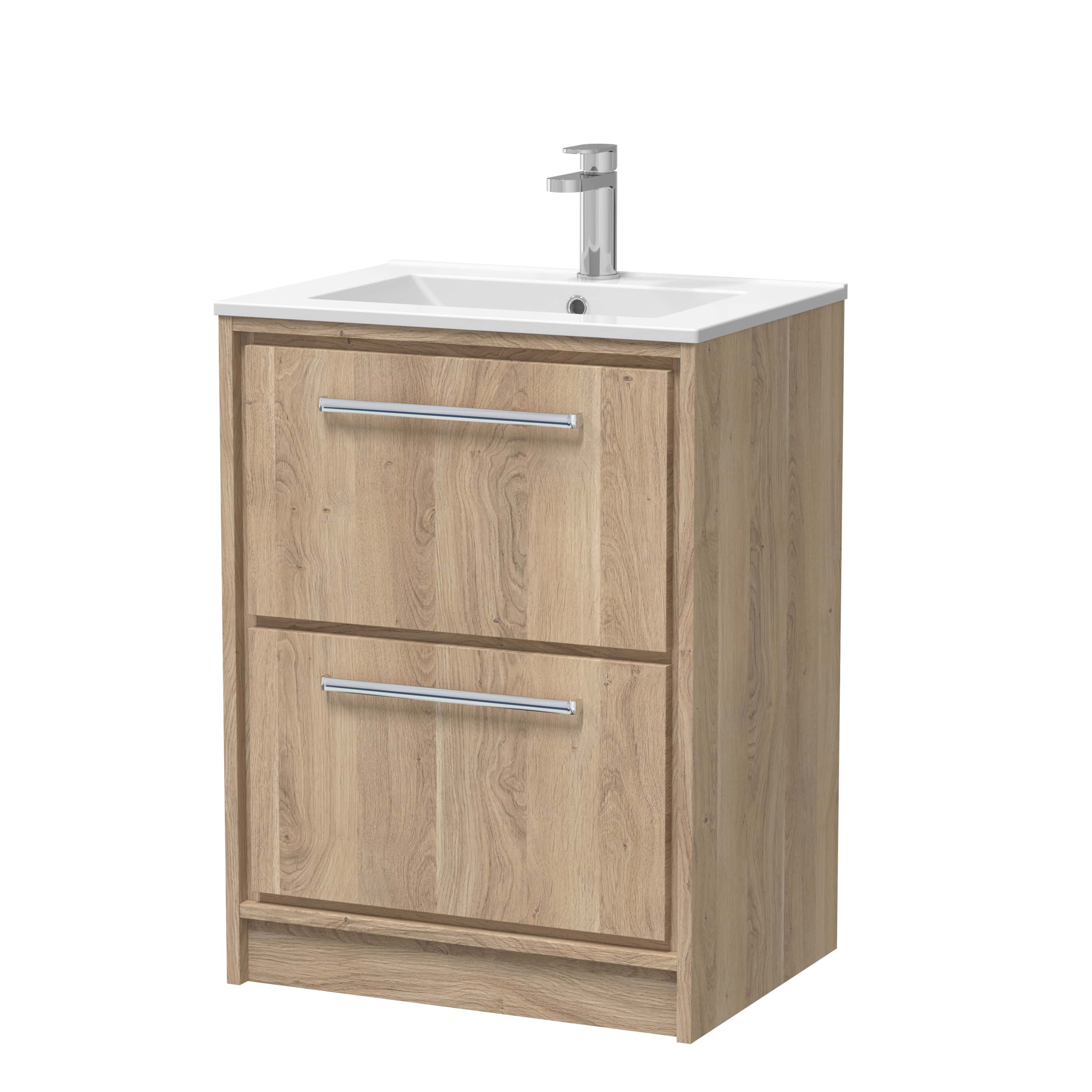 Minimalist bathroom vanity cabinet with integrated sink and modern chrome faucet for contemporary bathroom design. Sturdy wood finish with storage drawers.