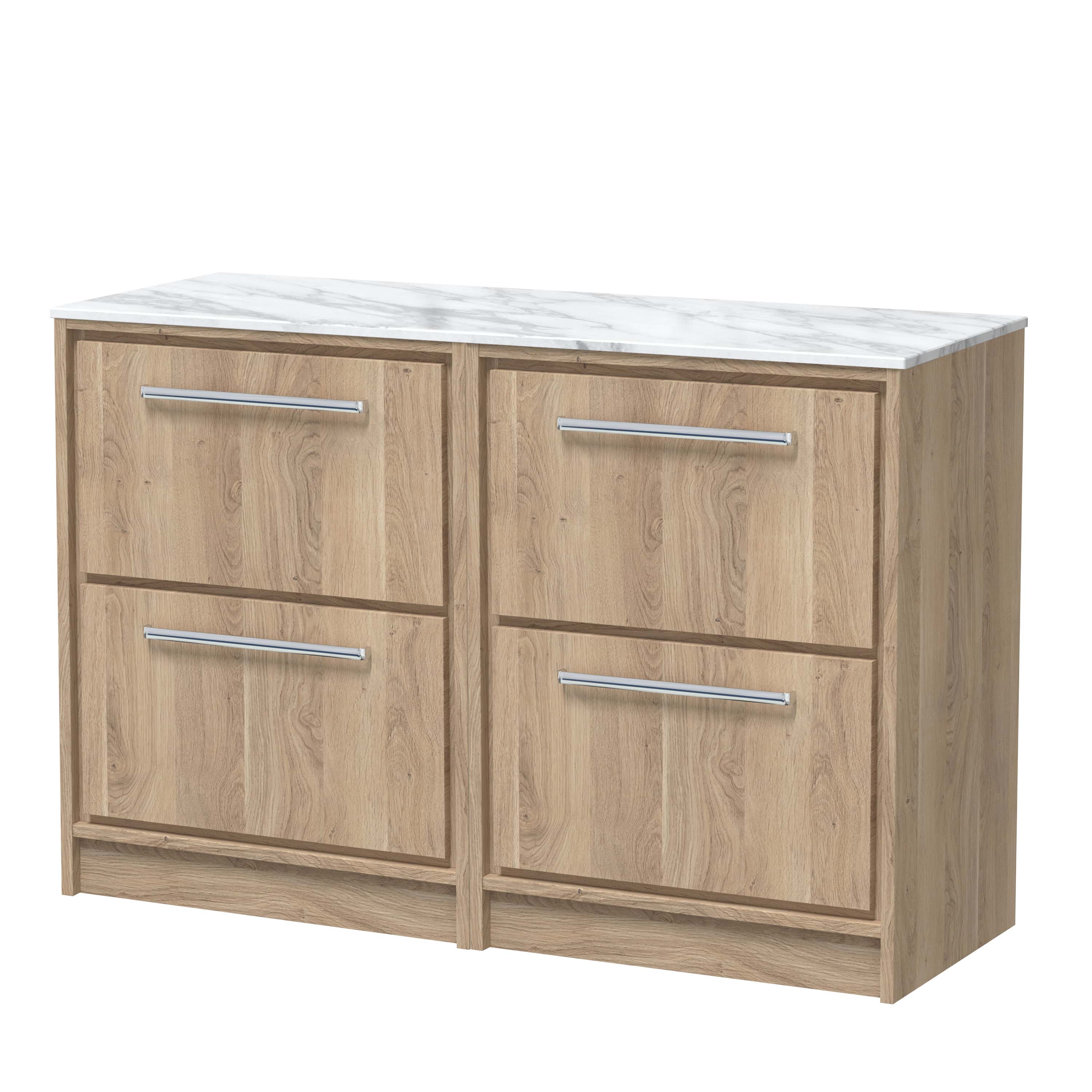 Modern wooden bathroom vanity unit with marble countertop, sleek metal handles, ideal for contemporary bathroom design, featuring ample storage space and elegant finishes.