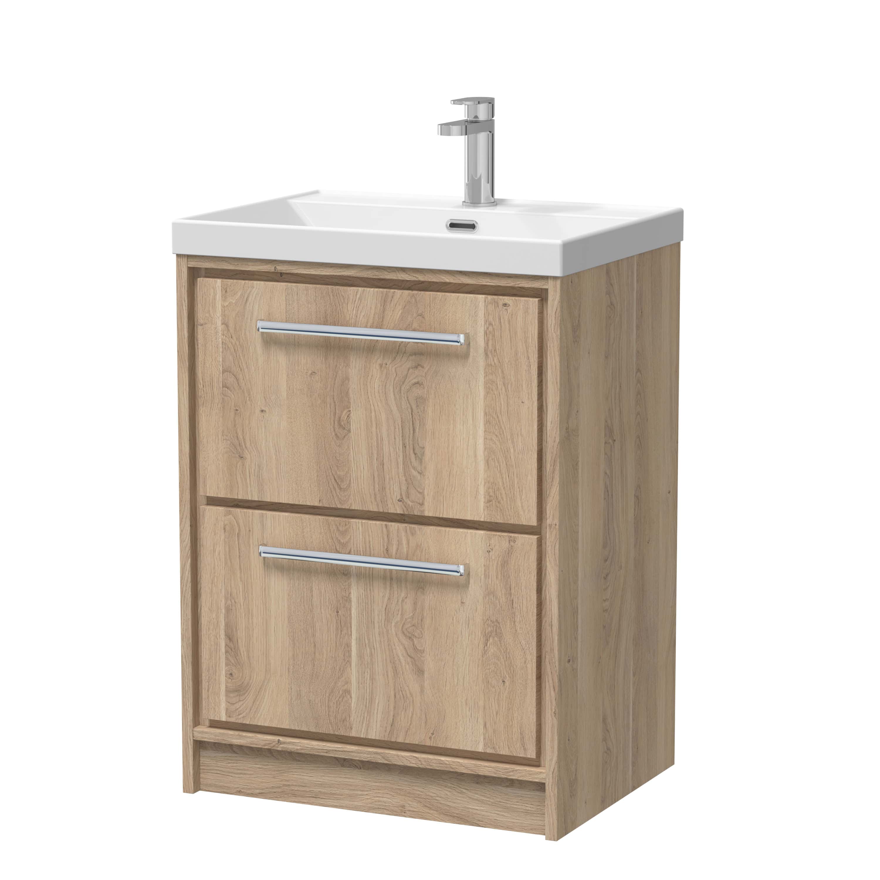 Modern wooden bathroom vanity unit with integrated sink and chrome handles, ideal for contemporary bathroom decor and efficient storage solutions.