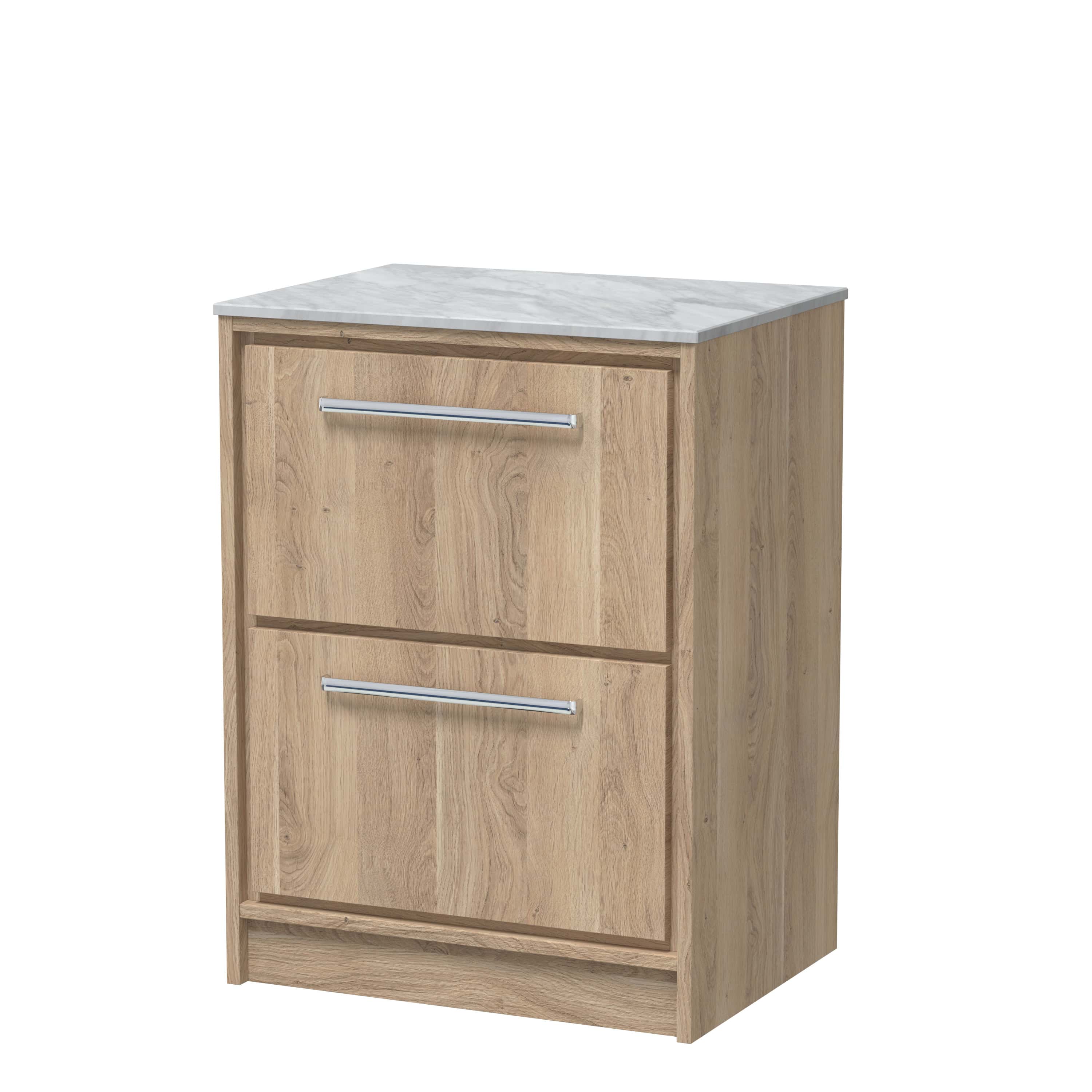 Solid wood bathroom cabinet with marble countertop, modern storage solution for elegant bathroom decor, featuring chrome handles and durable construction.
