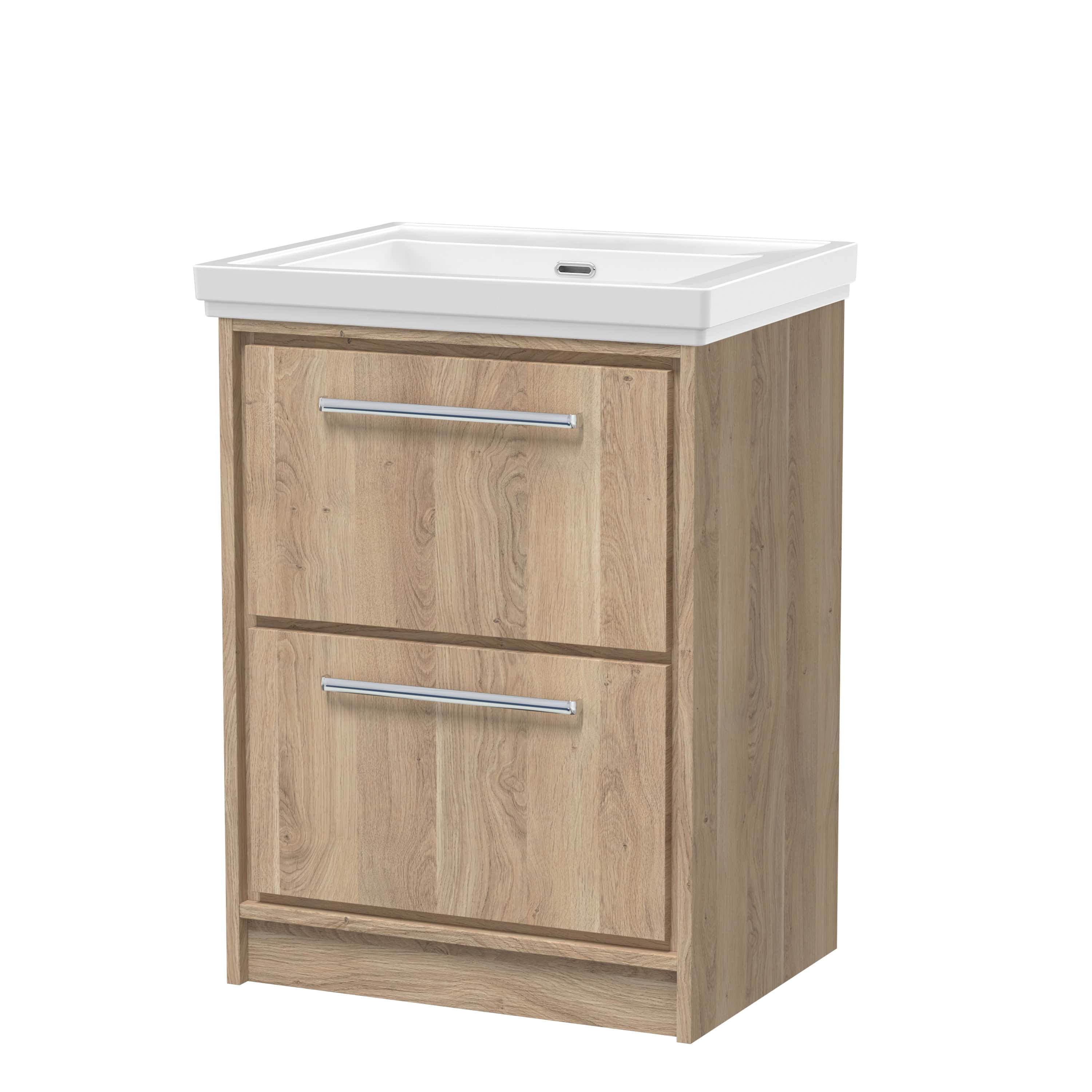 Natural wood bathroom vanity with integrated white ceramic sink, modern chrome handles, ideal for contemporary bathrooms, durable and stylish storage solution for bathroom essentials.