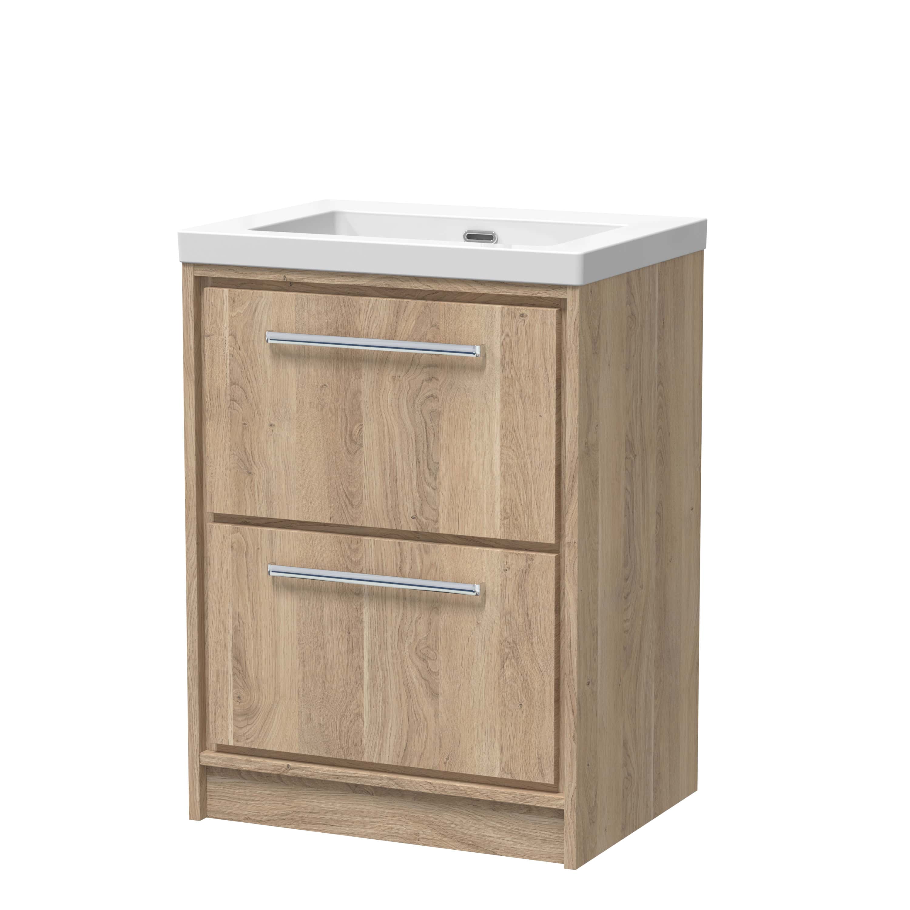 Polished wooden bathroom vanity unit with a white ceramic sink, modern chrome handles, suitable for contemporary bathroom design, available at Bubly Bathrooms in the UK.
