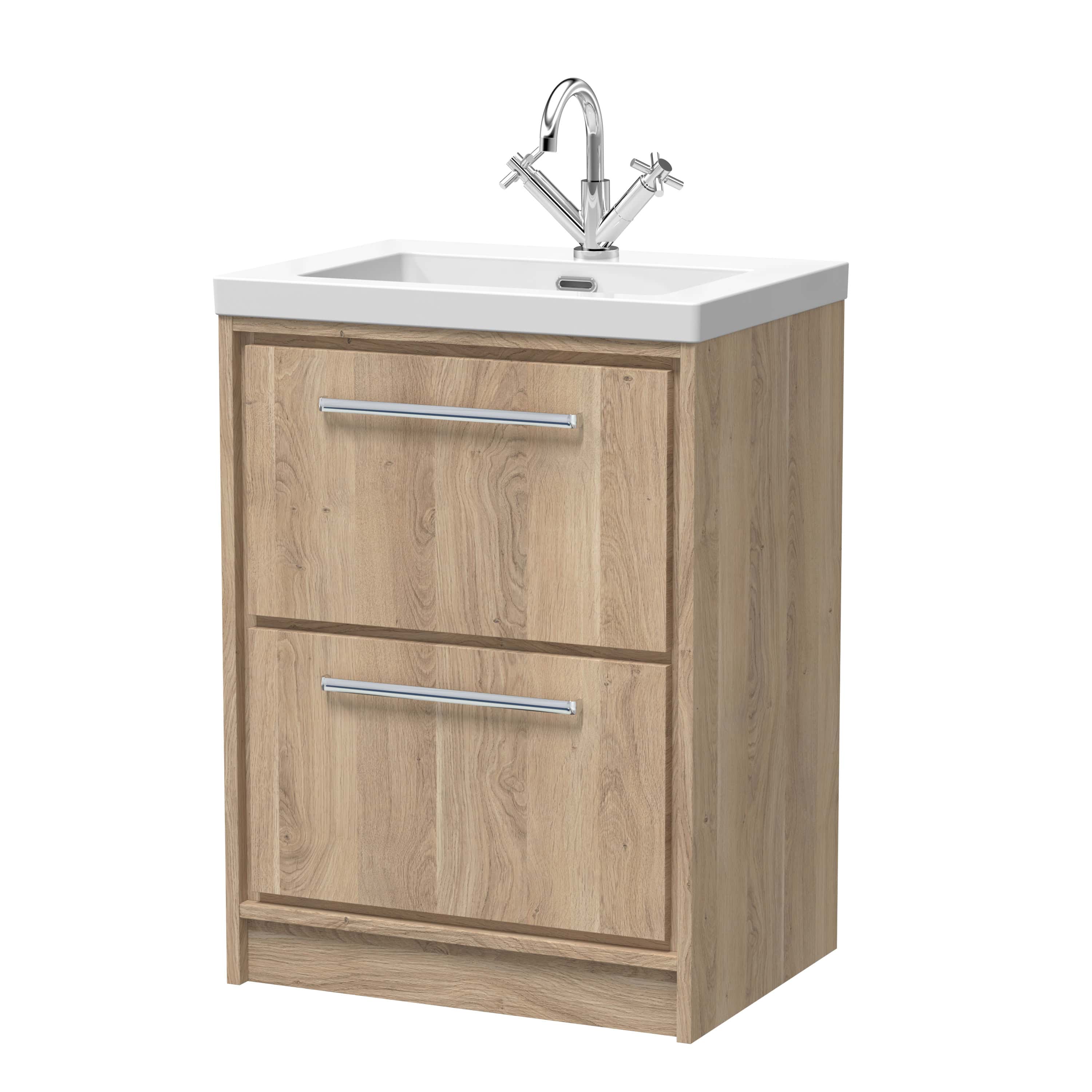 Modern wooden bathroom vanity cabinet with integrated sink and chrome faucet, ideal for contemporary bathroom remodels. Features spacious drawers for storage and elegant design.