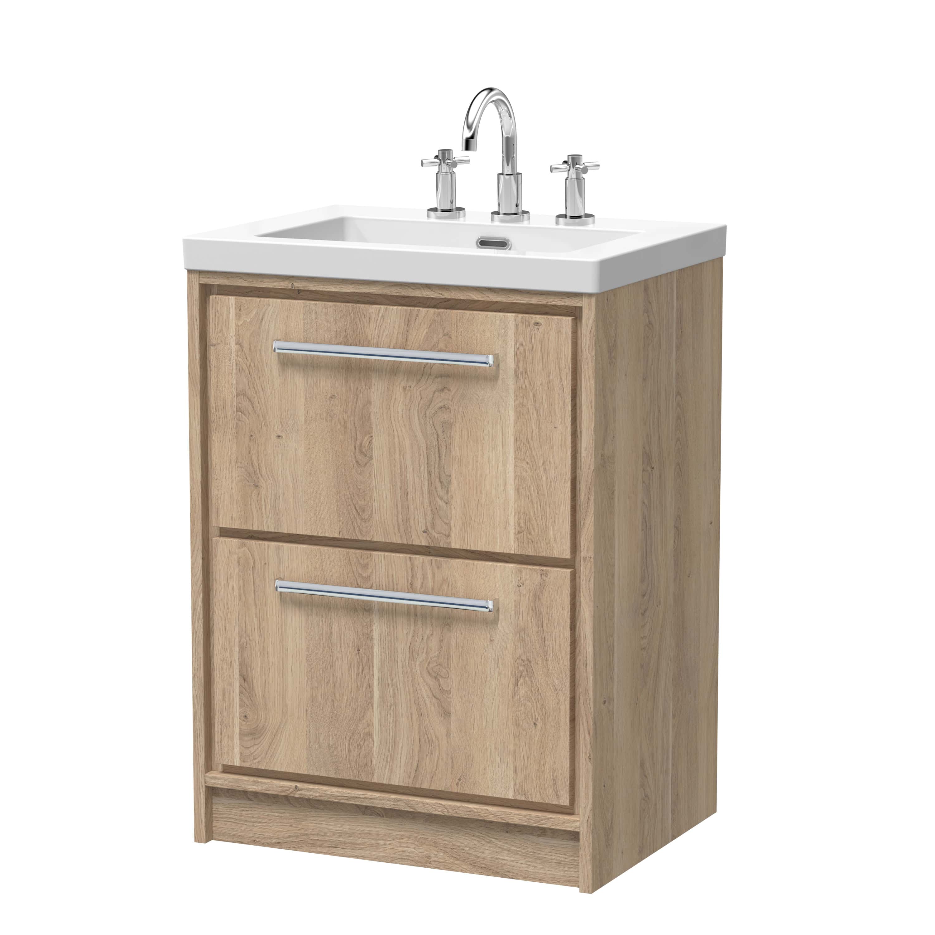 Flexible bathroom vanity unit with sink, wooden cabinet, and chrome handles for modern bathroom storage solutions.