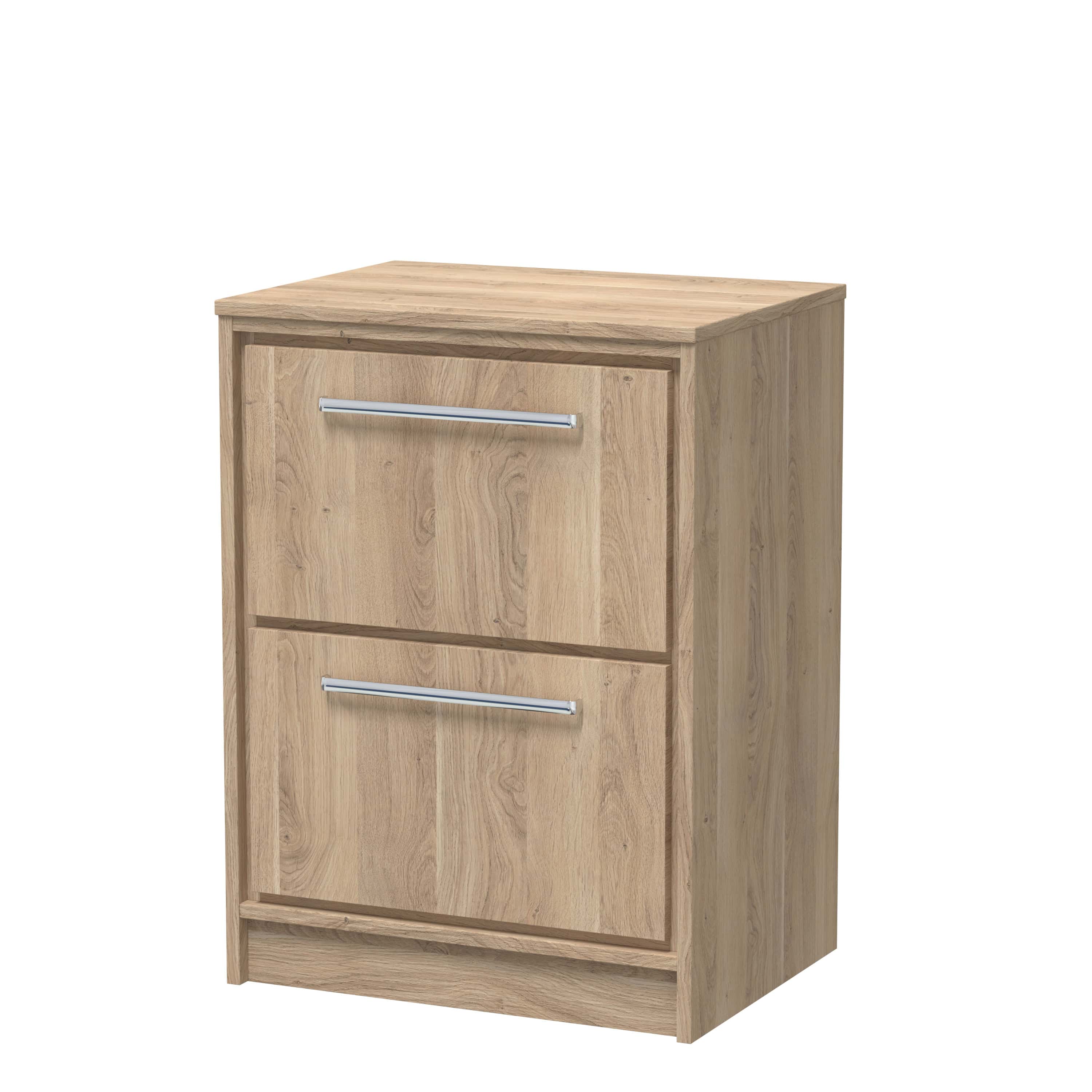 Wooden bathroom cabinet with two drawers, modern storage solution from Bubly Bathrooms, crafted from natural oak finish for bathroom organisation and decor.