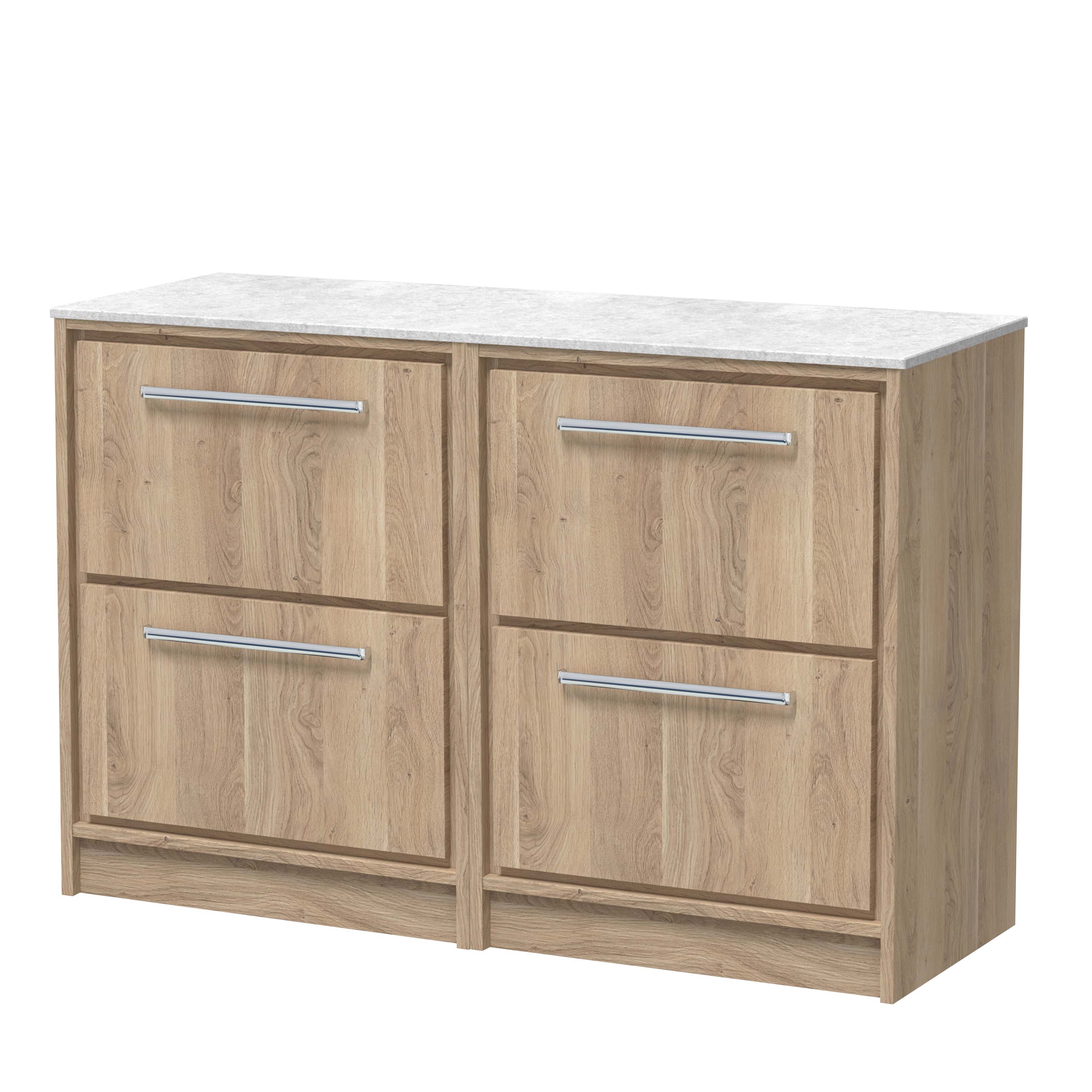 Natural wood bathroom cabinet with marble top, modern storage solution for bathroom organisation, featuring sleek silver handles, ideal for contemporary bathroom decor.