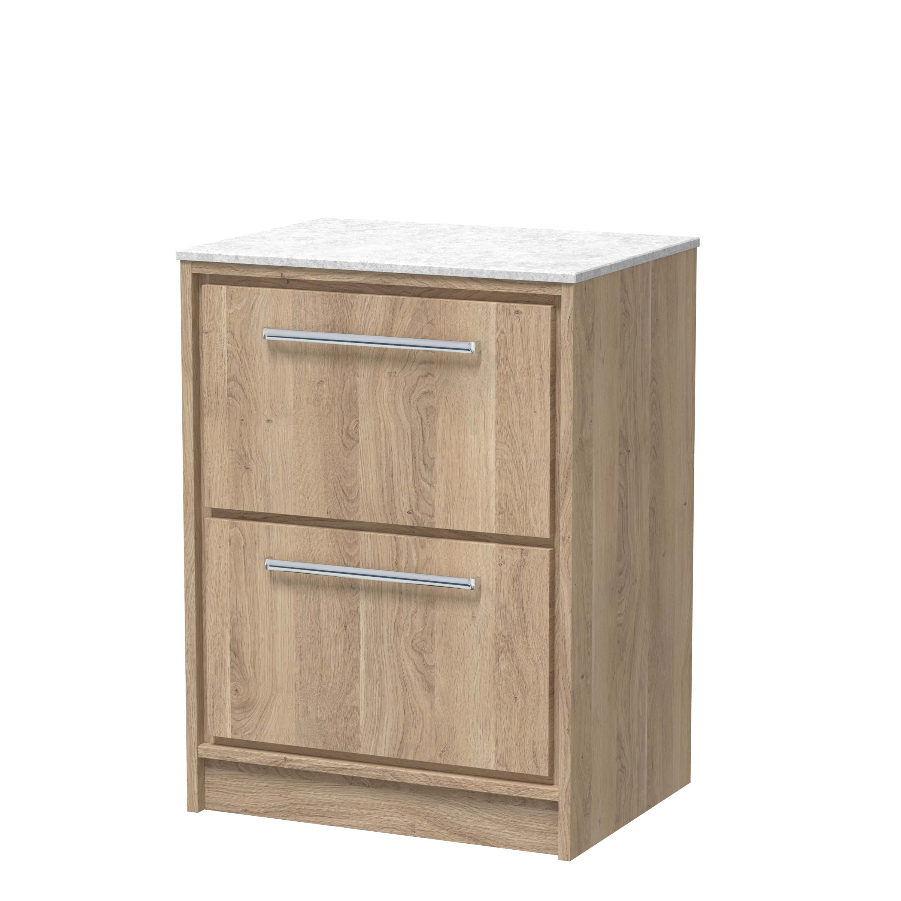 Solid oak bathroom cabinet with marble top, modern storage solution for bathrooms. Durable wood finish, sleek metallic handles, perfect for organising toiletries and essentials.