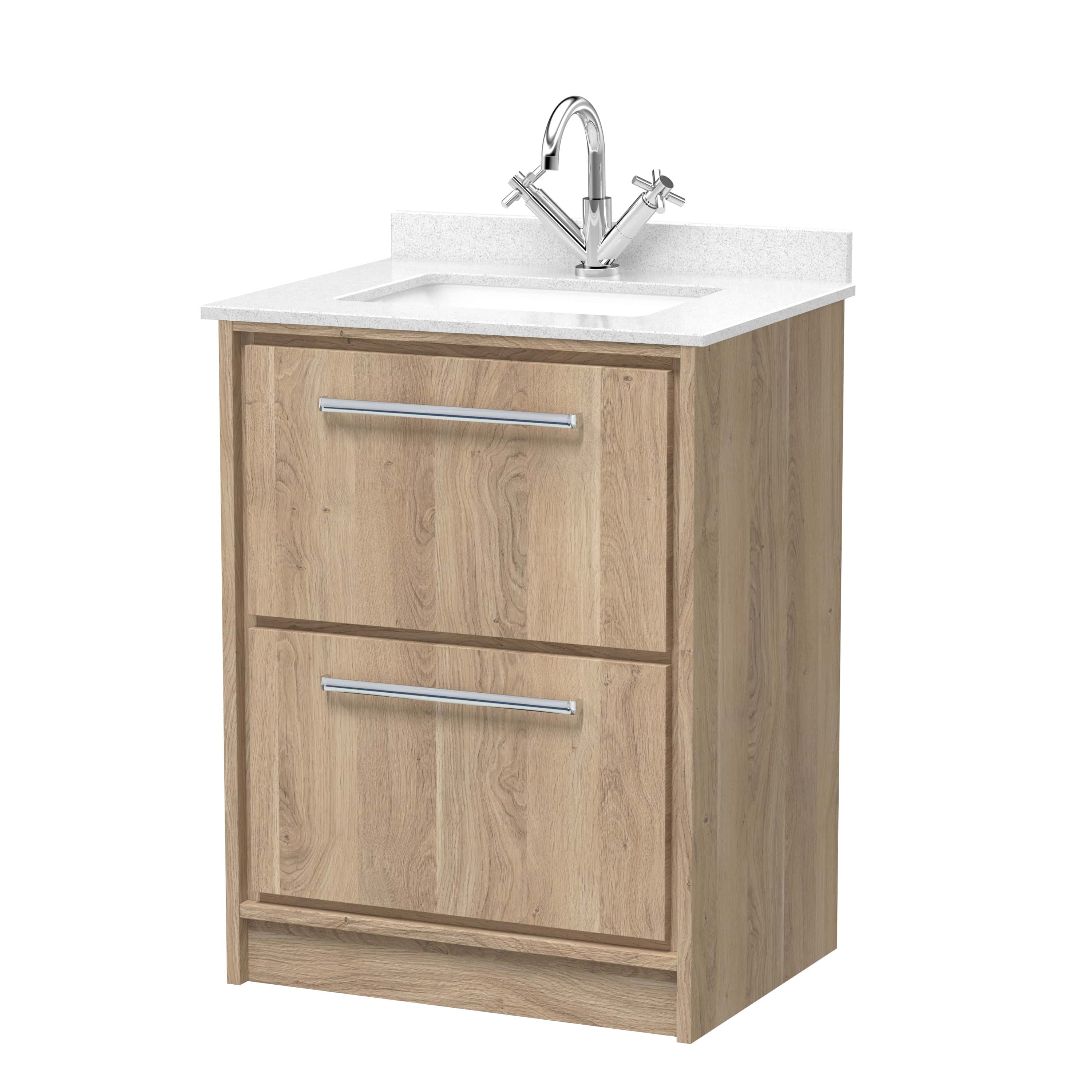 Modern wooden bathroom vanity unit with integrated sink and chrome tap, ideal for contemporary bathrooms. Features two spacious drawers for ample storage and a sleek, natural finish for elegant decor.