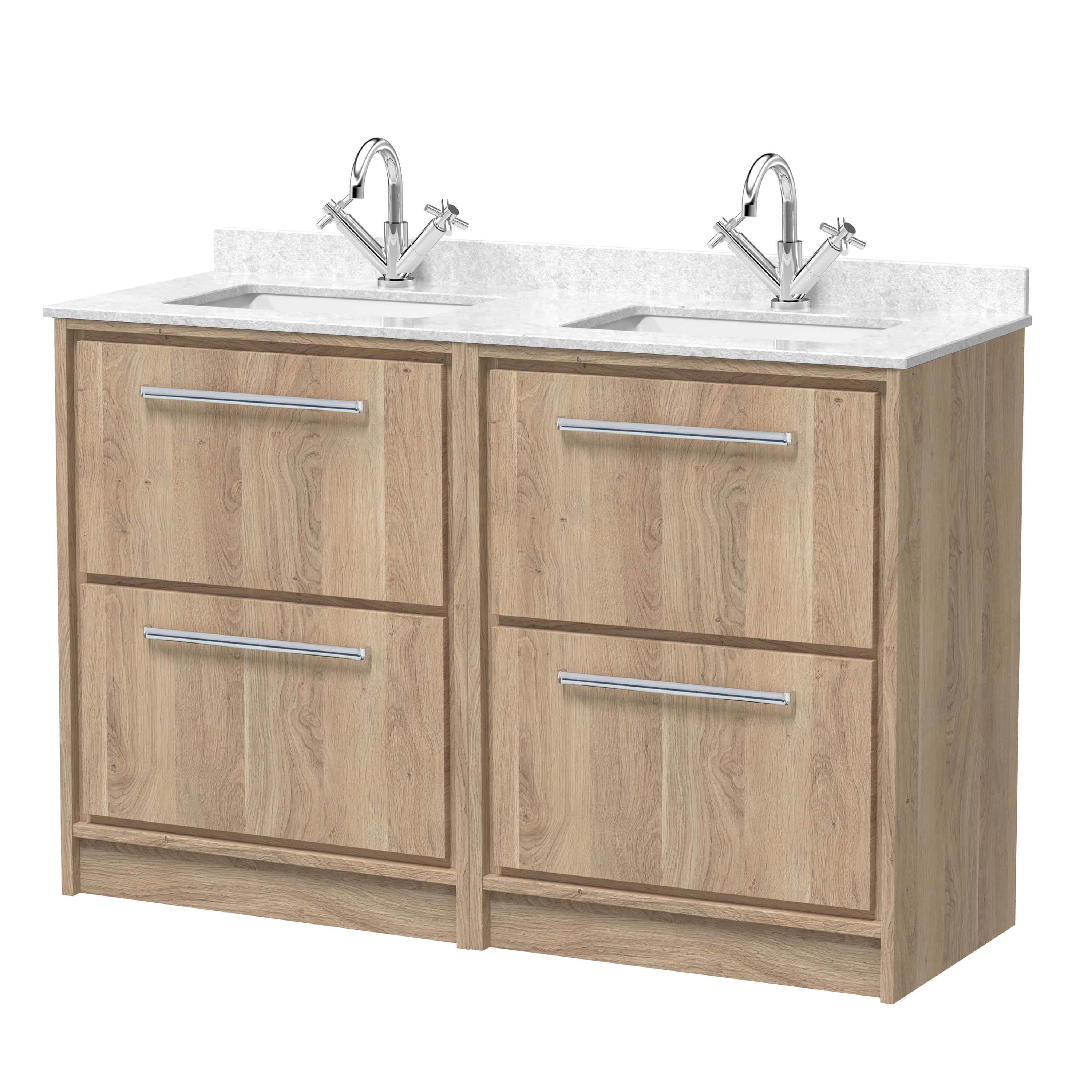 Stylish double bathroom vanity unit with two sinks, wood finish cabinet, and chrome handles, perfect for modern bathroom renovations and water-efficient fixtures.