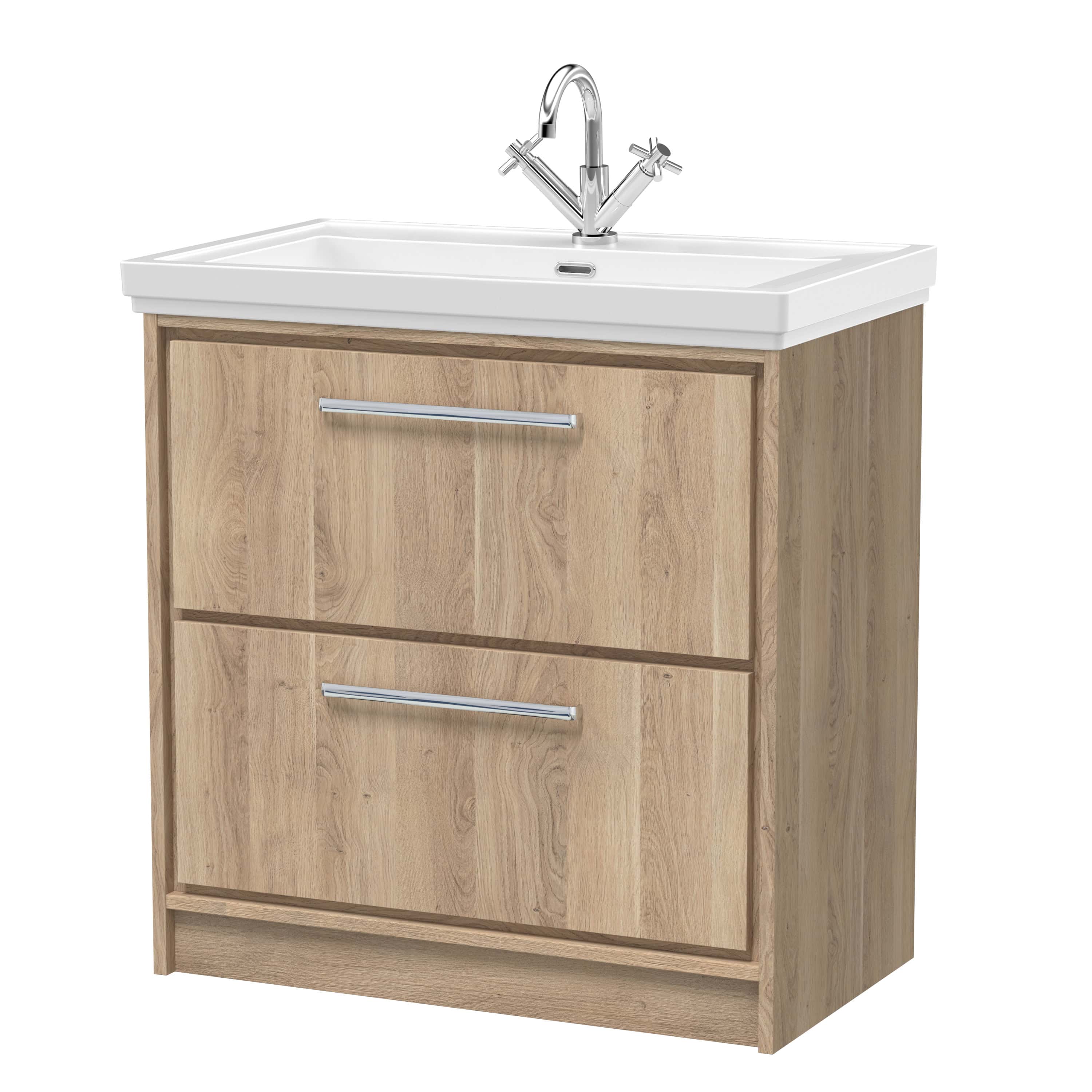 Elegant bathroom vanity with built-in sink and chrome faucet, featuring a natural wood finish and modern handles, ideal for contemporary bathroom renovations.