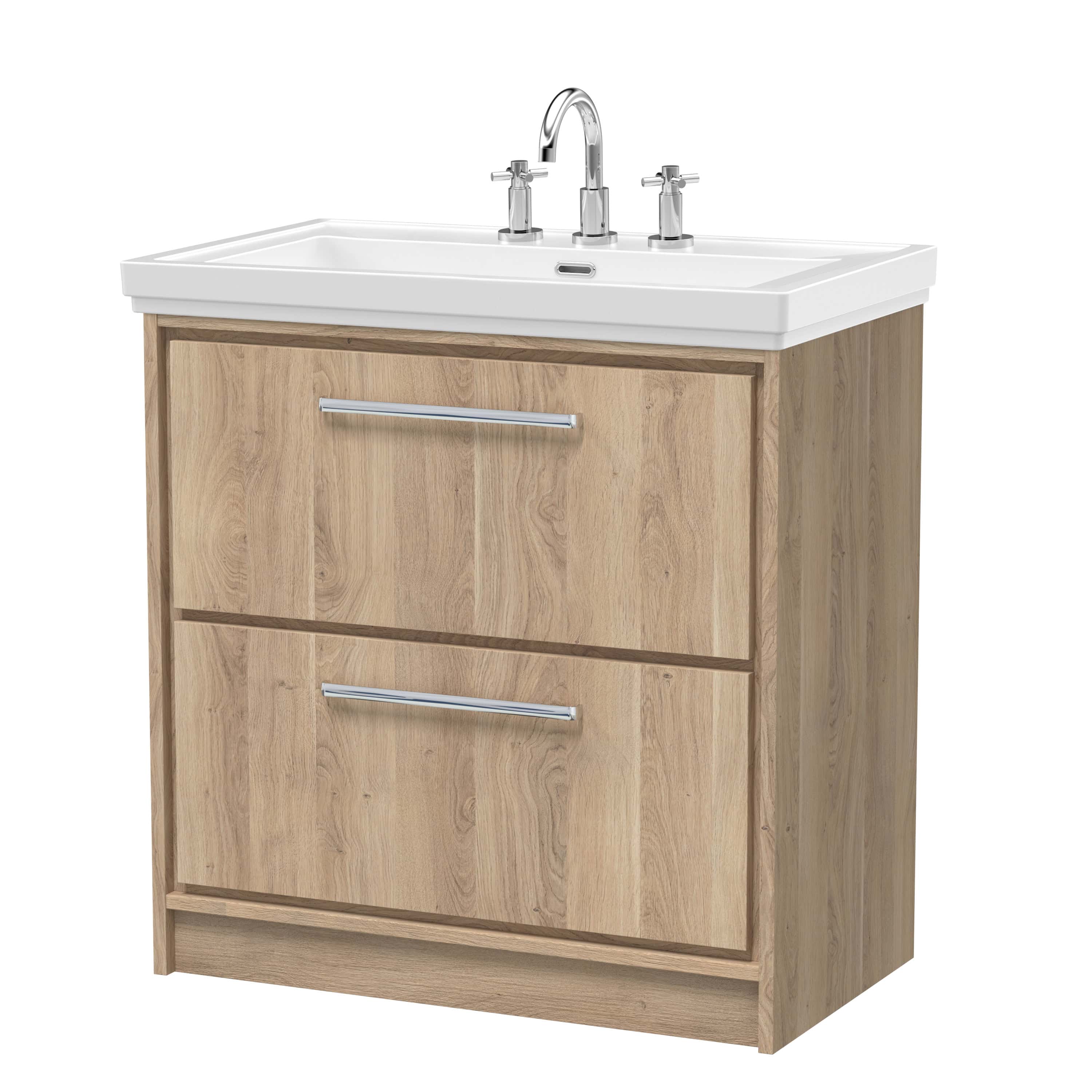 Stylish bathroom vanity unit with a white ceramic sink, chrome tap, and wooden storage cabinet, ideal for modern bathroom designs. Perfect for enhancing bathroom aesthetics and storage.