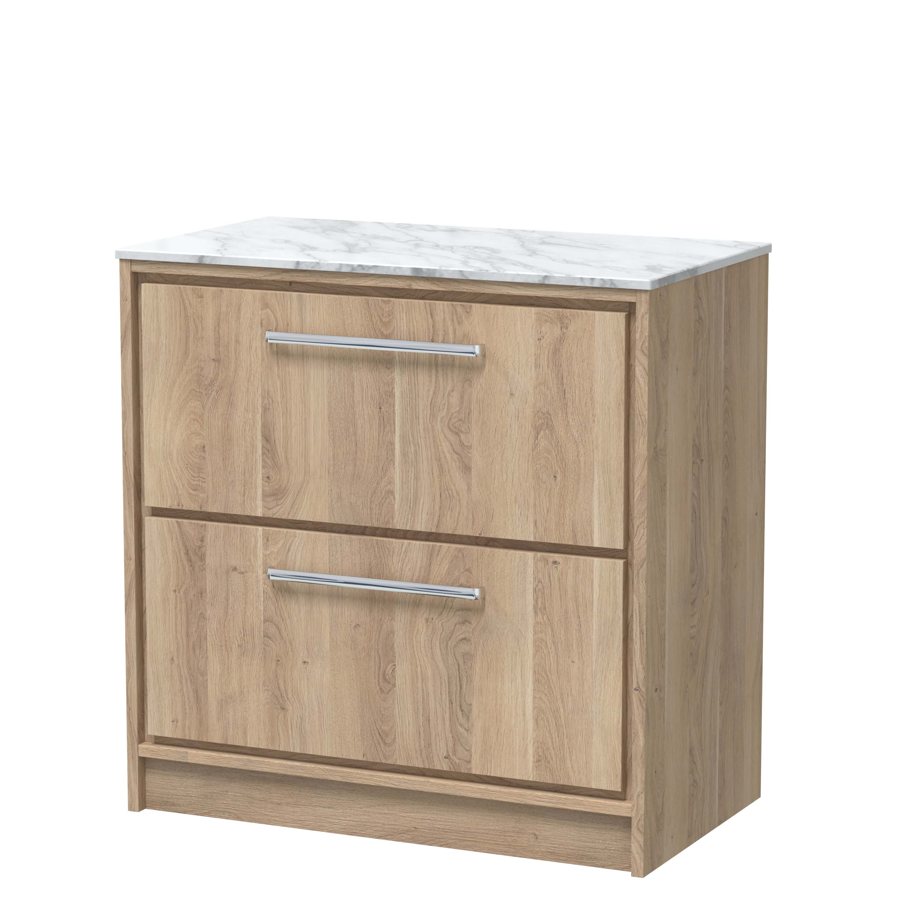 Contemporary wooden bathroom vanity cabinet with marble top, sleek silver handles, ideal for modern bathroom decor and storage solutions.