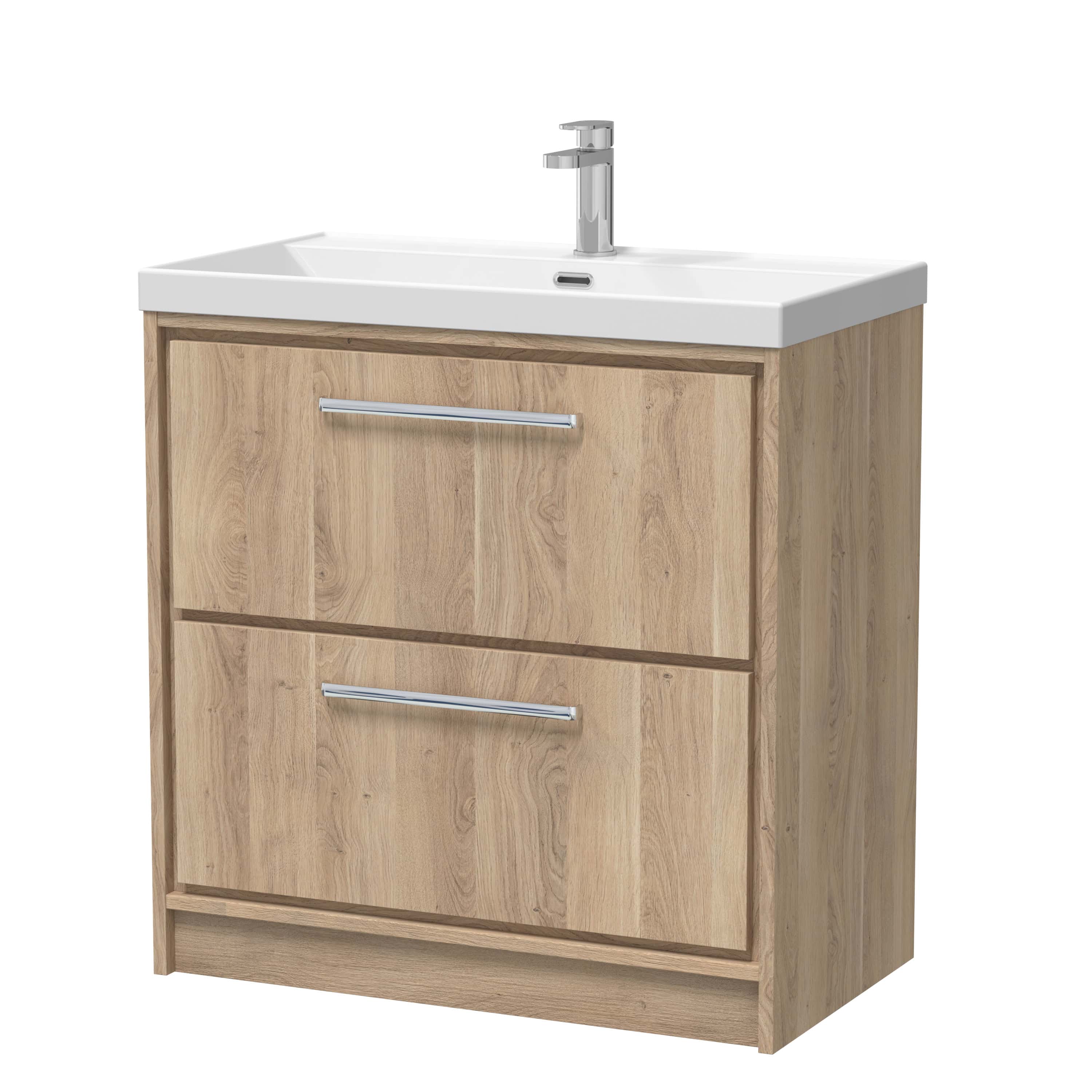 Modern wooden bathroom vanity with integrated sink and chrome tap, ideal for contemporary bathroom designs. Features sleek drawers for ample storage, combining functionality with stylish aesthetics.