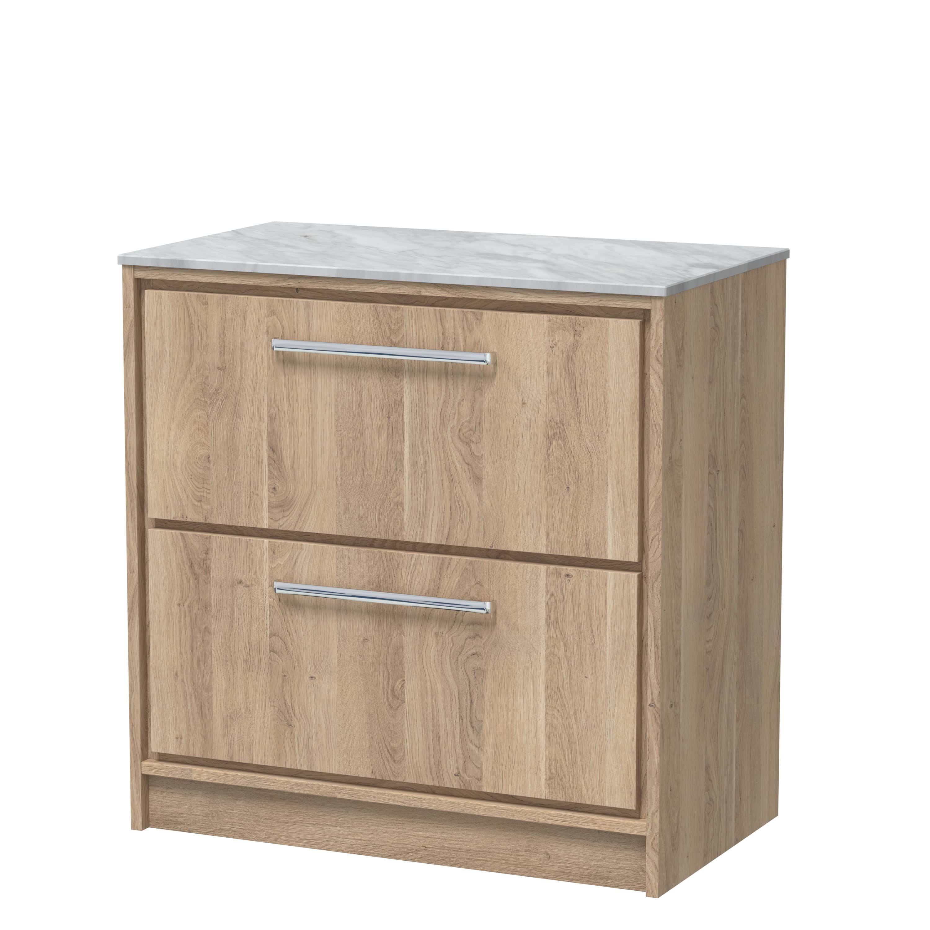 Modern wooden bathroom vanity unit with double drawers and marble top, ideal for stylish bathroom storage solutions.